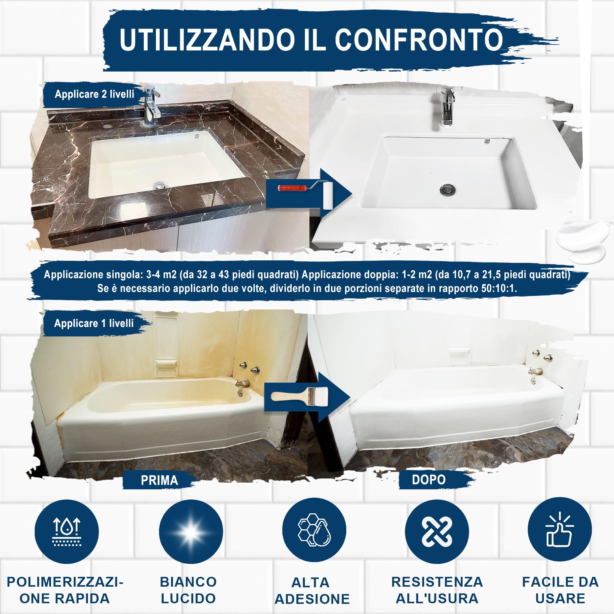 XUDOAI Smalto Sanitari e Ceramiche Vernice Bianco Lucido 610g, Pittura per Piastrelle Bagno/Cucina/Doccia/Porcellana/Lavello/Ceramica Rinnovo del Colore e Copertura Superficiale