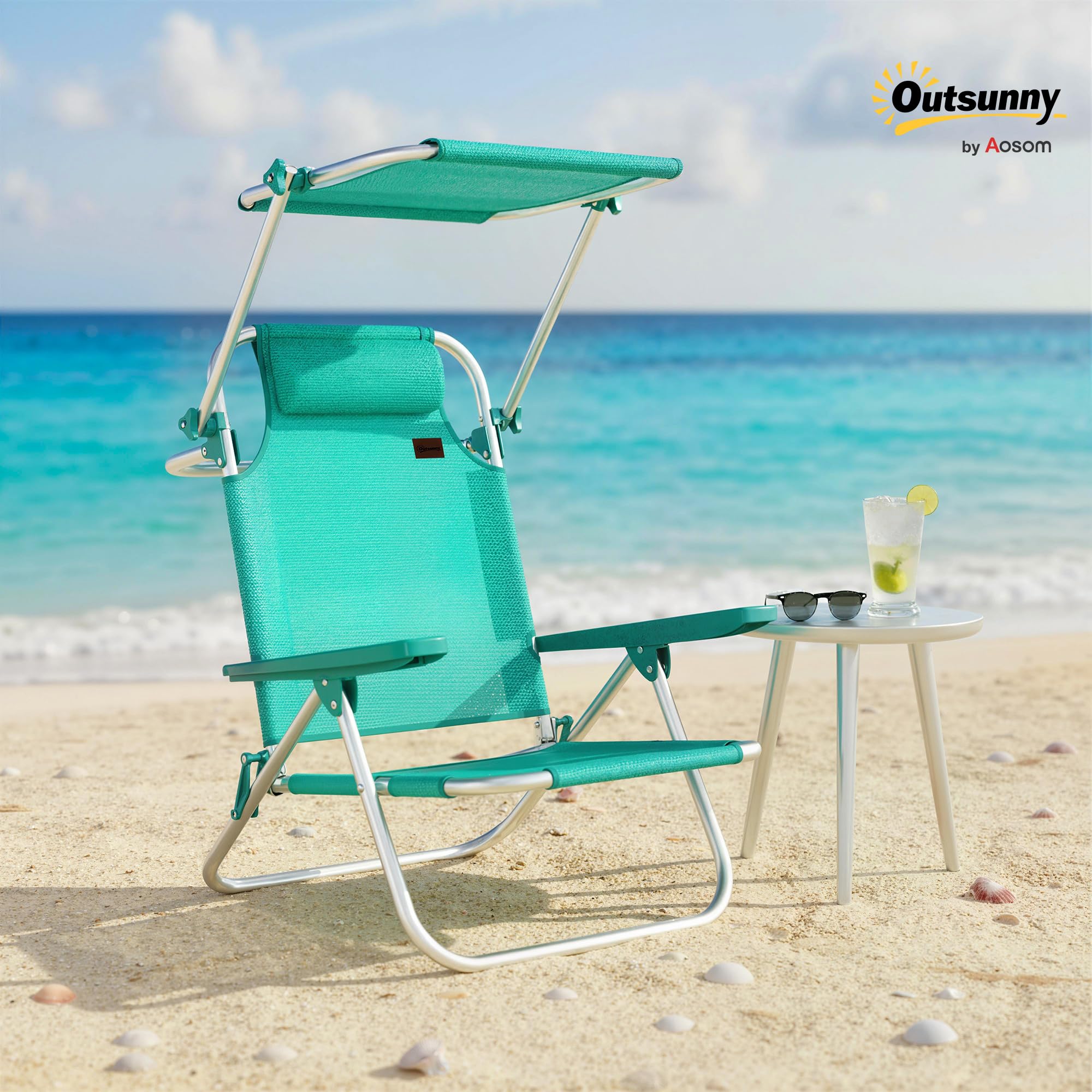 Outsunny - Silla de Playa Plegable con Toldo Ajustable, Respaldo Reclinable de 6 Posiciones, Reposacabezas, Aluminio y Malla Transpirable, para Exterior, Jardín, Pícnic, Festival, Viajes, Turquesa