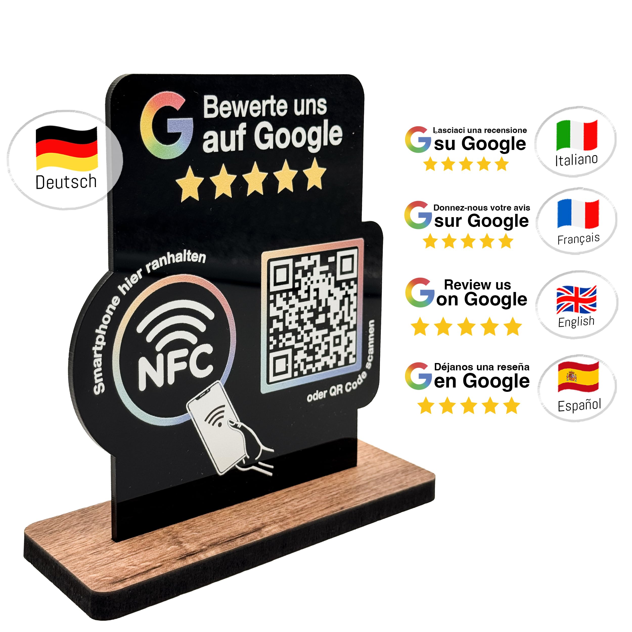 Présentoir pour avis Google NFC & code QR – Panneau/affichage pour avis pour comptoir, réception, cabinet, restaurant, studio – Présentoir d'avis pour critiques/avis (noir, V2 DIN A5)