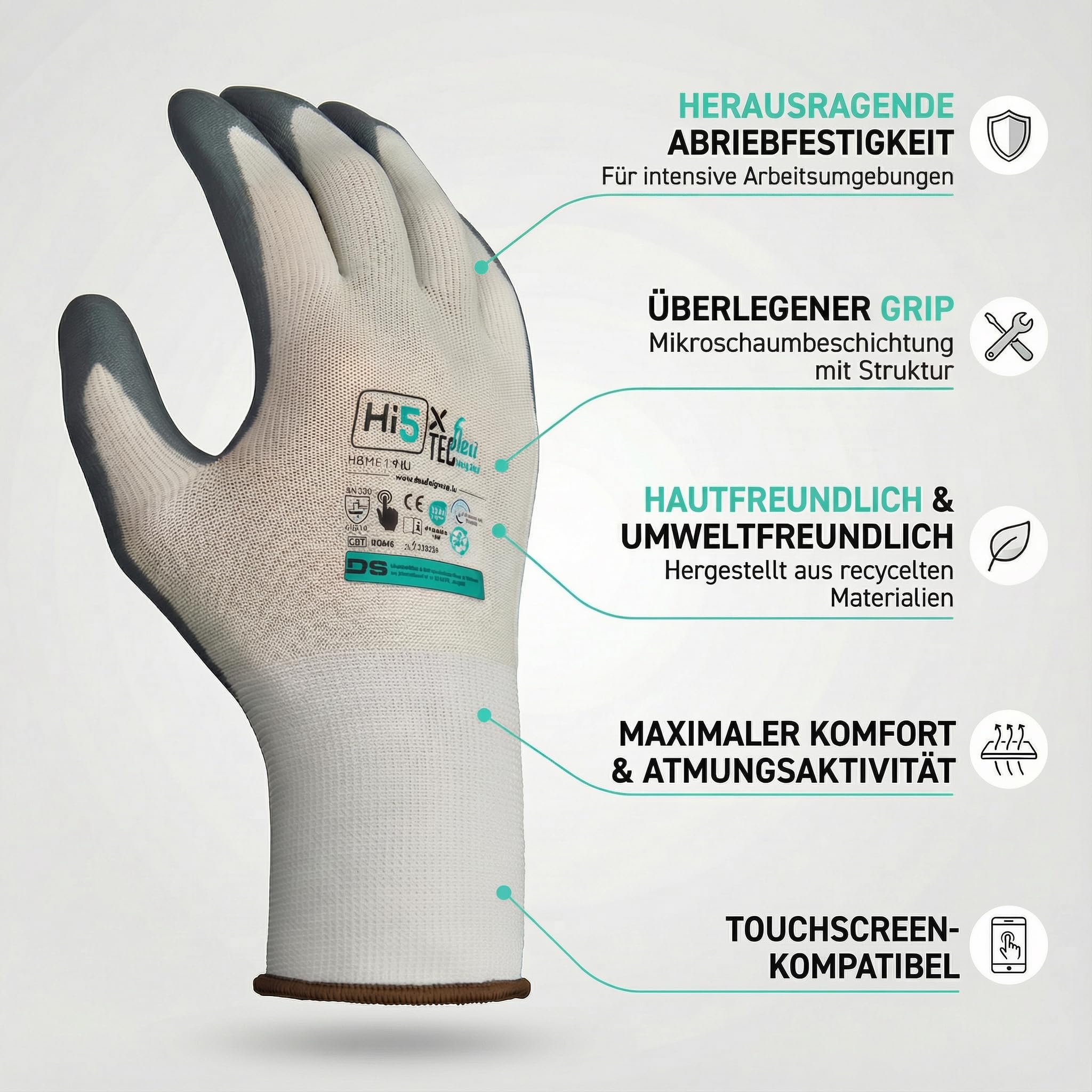 Hi5 X-FlexiTec Green Arbeitshandschuhe recycelt – 15G Polyester/Elasthan – Nitril-Mikroschaum-Beschichtung – EN 388: 4121X – Touchscreen – weiß/grau (120, M)