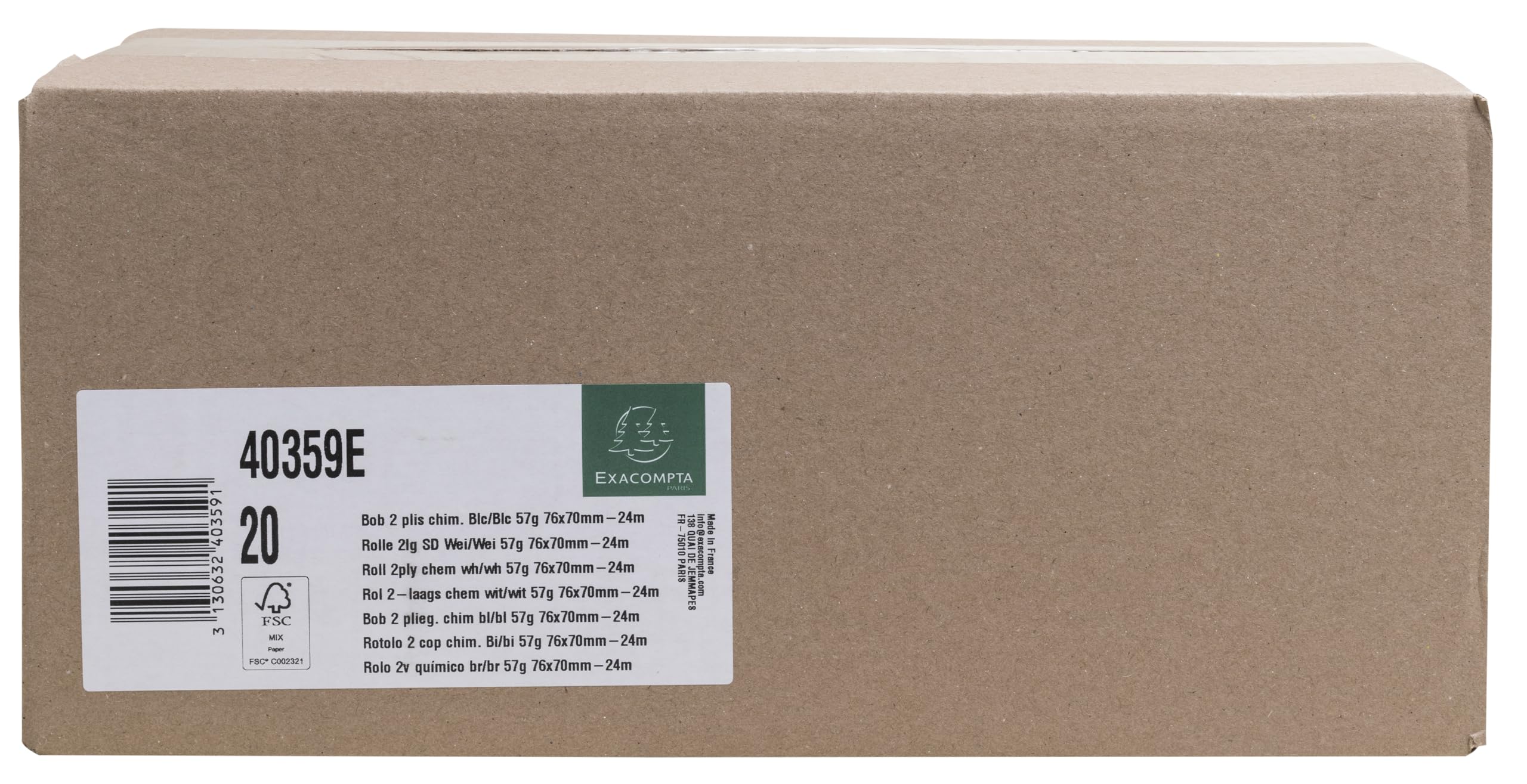 Exacompta - Réf. 40359E - Carton de 20 bobines pour tickets de caisse 76x70 mm - 24m- 2 plis chimique (blanc/blanc) autocopiant 57g/m2 - Blanc