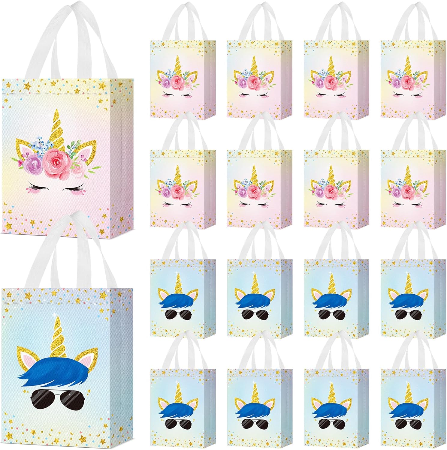 Locmeo 24 Pcs Unicorn Party Favor Bags with Handles - Reusable Non Woven Goodie Bags in Pink & Blue - Candy Treat Gift Bags for Girl & Boy Birthday Parties, 8 x 4 x 10 Inch
