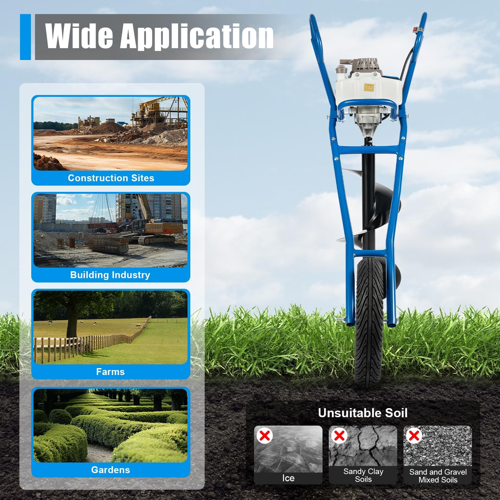 Tarière Thermique 63cc 2 Temps, 2,2kW Tarière à Essence avec Roue, Forage 300mm, Tariere Thermique pour Perceuse de Terre, Outil Creuser Trou pour Agriculture Jardin