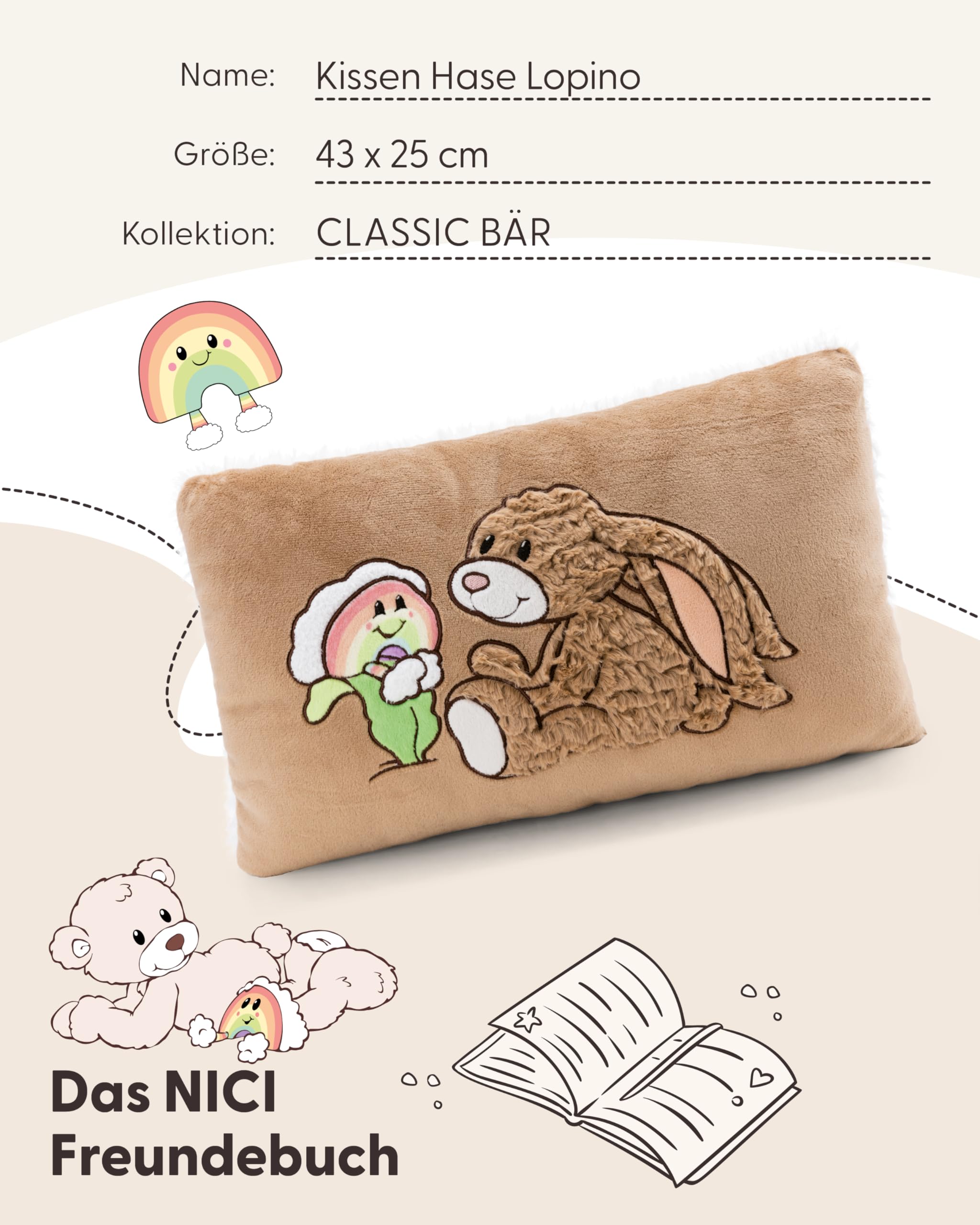 NICI Kissen Hase Lopino 43x25cm - braun - Flauschiges Kuscheltierkissen für Jungen, Mädchen, Babys und Kuscheltierliebhaber, ideal für Zuhause, Kindergarten oder unterwegs | 62335