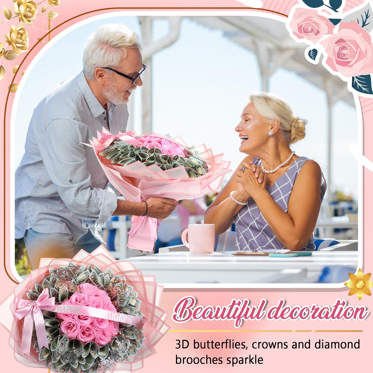 XunYee Bouquet Kit 20 Sheet Flower Wrapping Paper 100 Pcs Bamboo Skewers Floral Foam Blocks for Anniversary Birthday Gift Graduation Mother's Day(Transparent Pink)