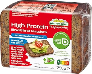 Mestemacher High Protein Eiweißbrot klassisch, 21,1g Protein pro 100g, Lower Carb: 69% weniger Kohlenhydrate als ein Weizenvollkornbrot, mit wertvollen Omega-3-Fettsäuren, 5 Scheiben, 250g