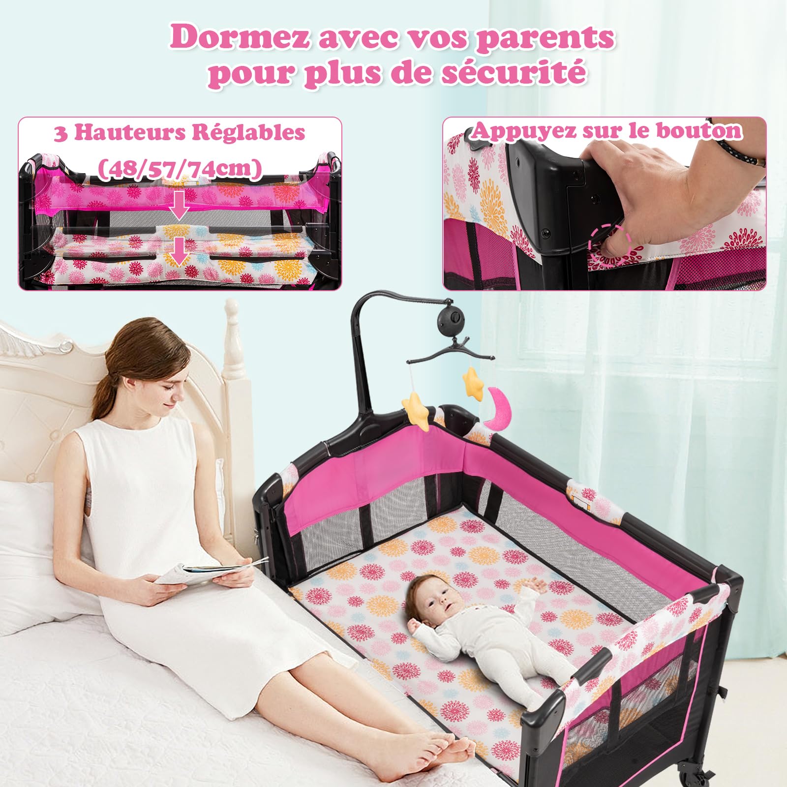 COSTWAY 4 en 1 Lit Parapluie Bébé avec Matelas, Berceau Bébé Evolutif en Oxford avec Table à Langer Amovible, 3 Hauteur Réglable, Jouets Suspendus, Charge 15kg, Lit Cododo pour 0-36 Mois(Rose