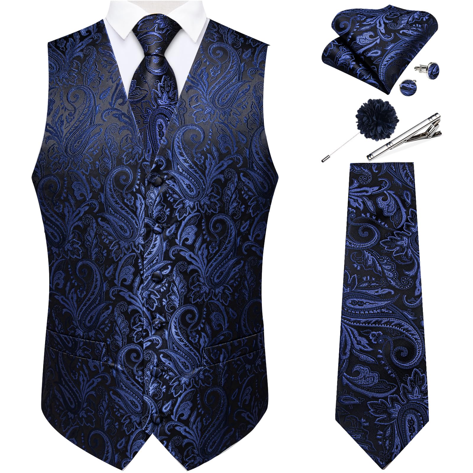 DiBanGu Mens Vest and Tie Set Formal Paisley Waistcoat and Necktie Pocket Square Cufflinks Silk Suit Vest for Tuxedo Wedding