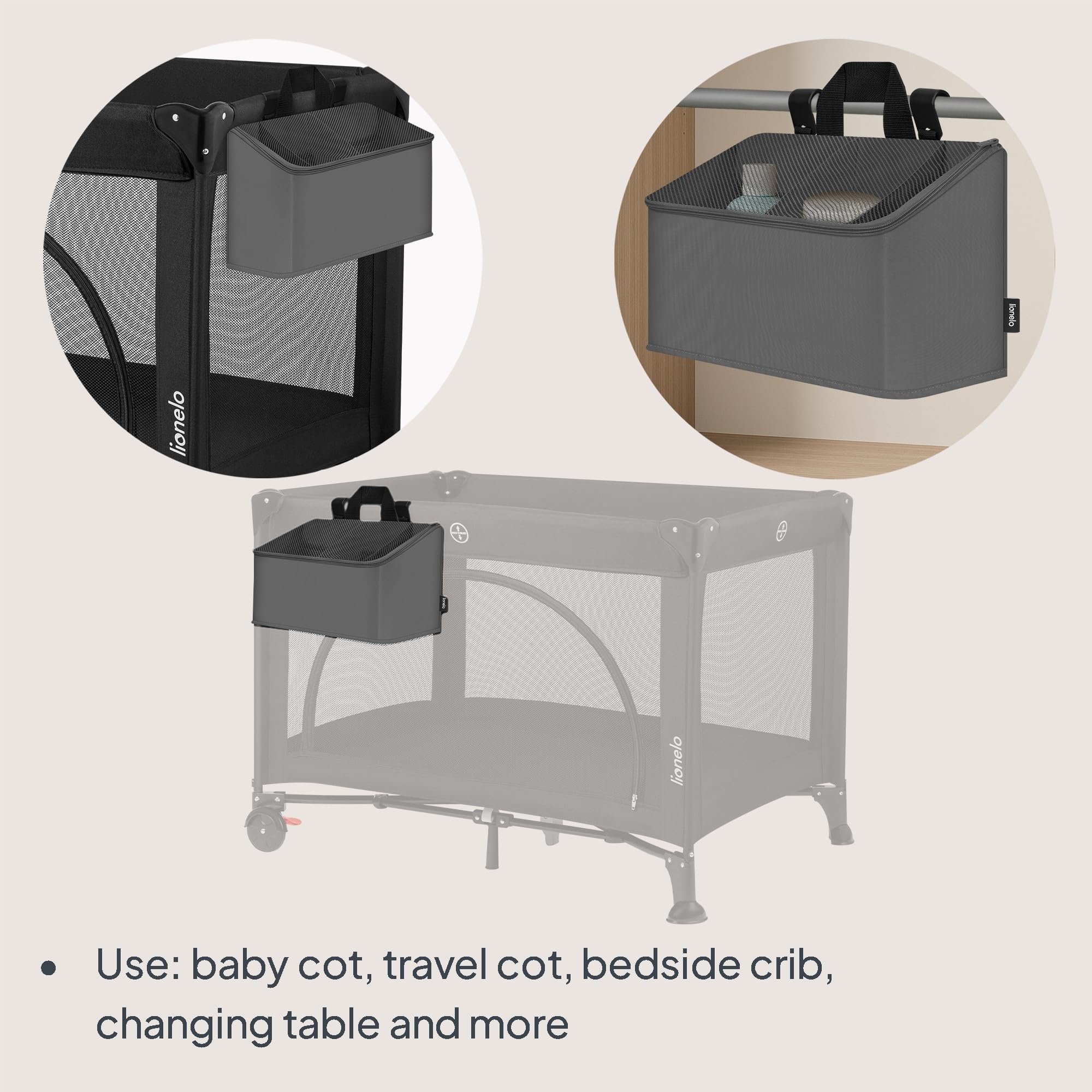 lionelo Sidepocket Medium Hanging Nursery Organiser 43×15×23 cm, Portable Cot Storage with 3 Zip Compartments & Carry Handle - Image 3