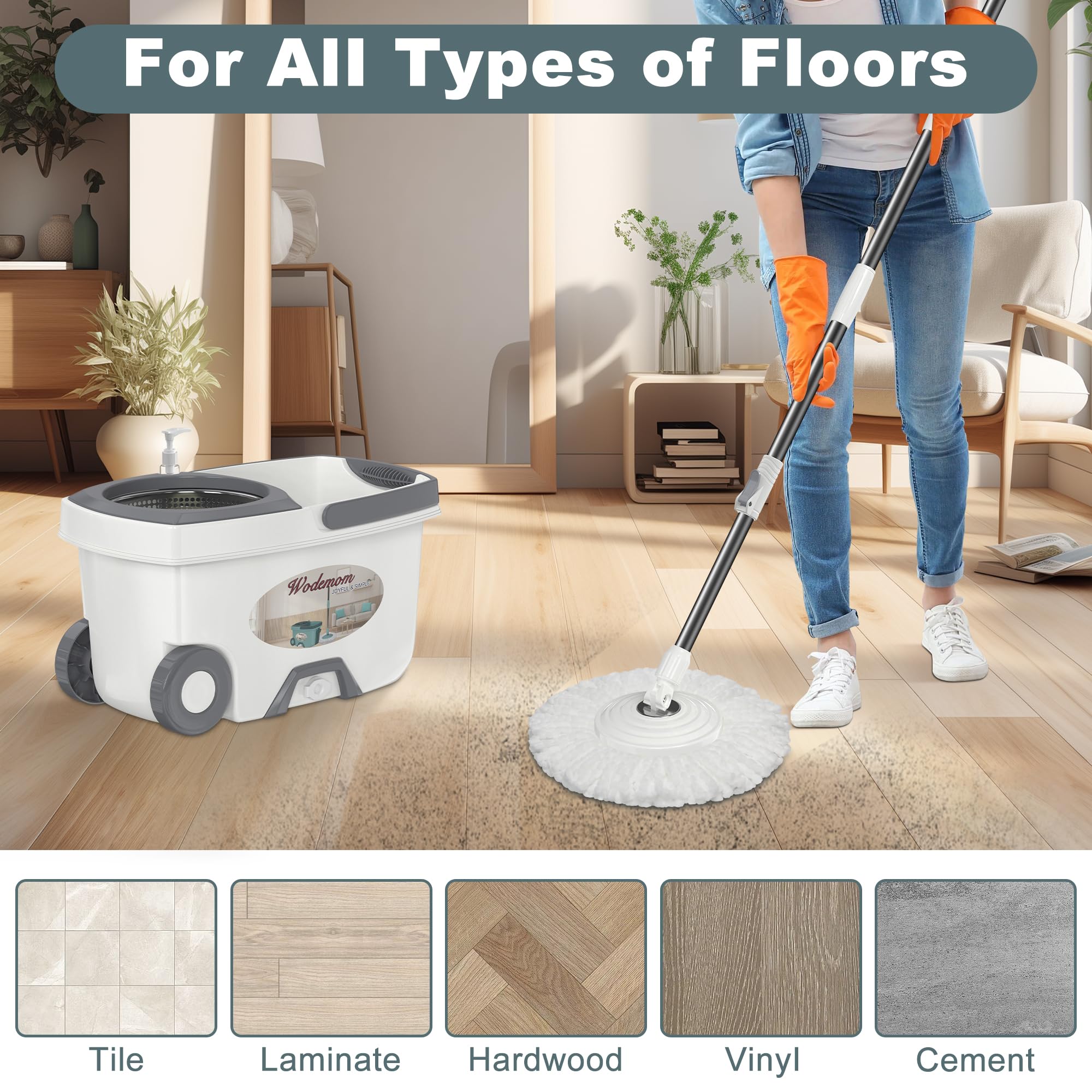 Mopa y cubo con juego de escurridor, sistema de fregona giratoria y cubo, fregonas para limpieza de suelos, herramientas de suministros para el hogar con 6 recambios de repuesto, mango extendido de 61