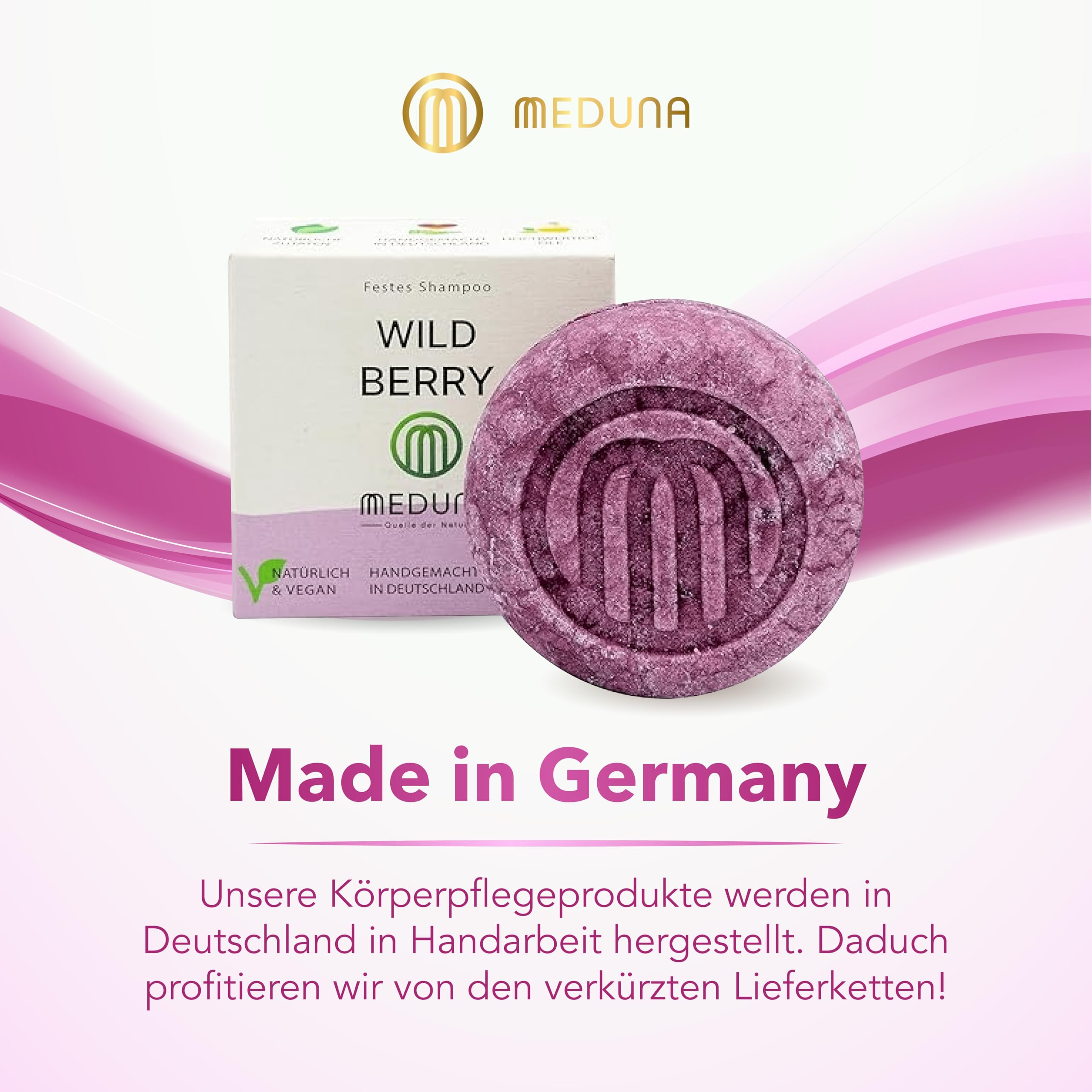 MEDUNA festes Haar-Shampoo Wild Berry 75g - Beerenduft - Haarseife mit Bio-Kokosöl & Shea Butter - Naturkosmetik Haarpflege Shampoo - Pflegeshampoo alle Haartypen - Made in Germany (5)