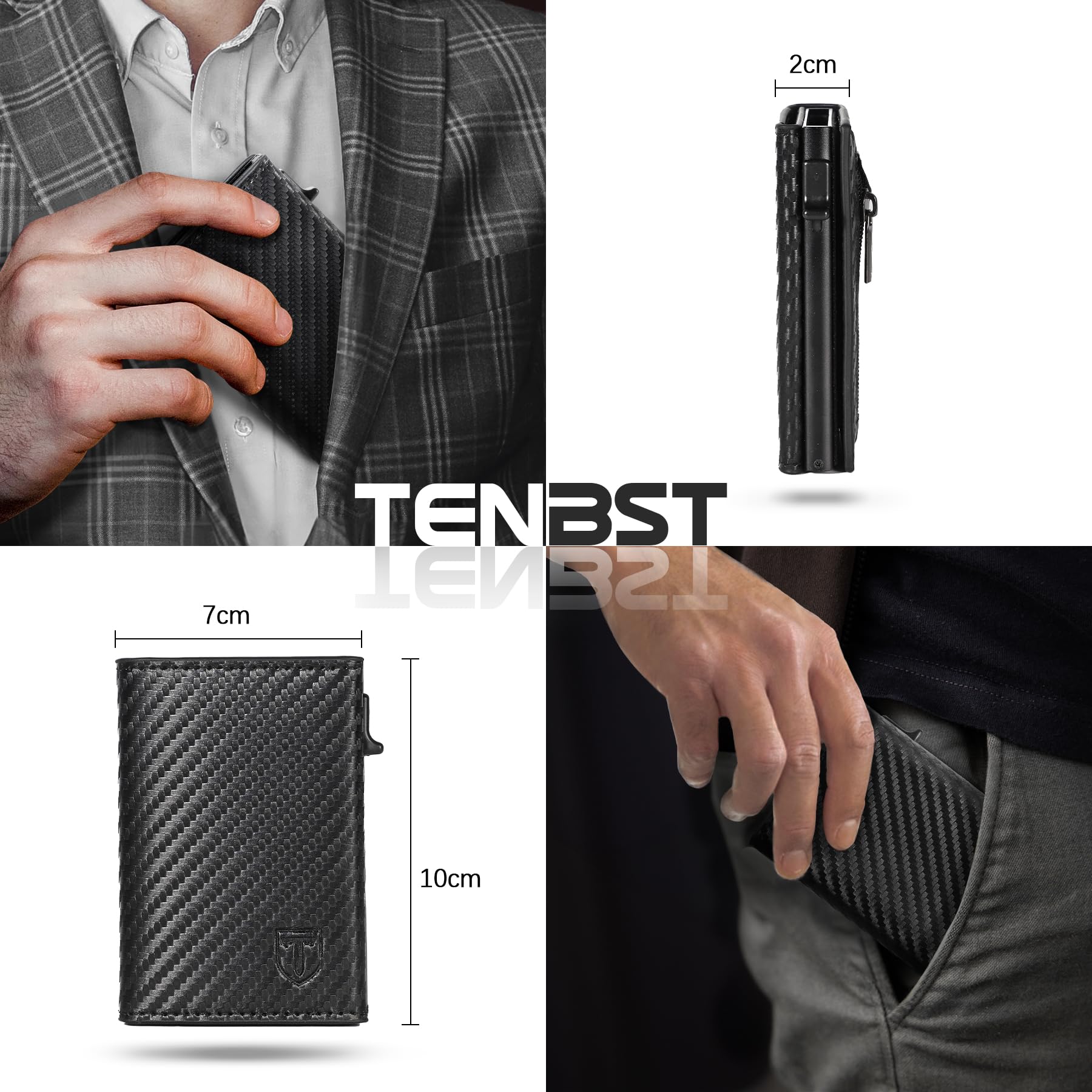 TENBST Portafoglio Uomo, Slim Porta Carte di Credito Uomo con RFID Anticlonazione, Portacarte Uomo Piccolo Magnetico, Porta Tessere con Portamonete e Contanti, Idea Regalo Uomo (Carbon Nero)