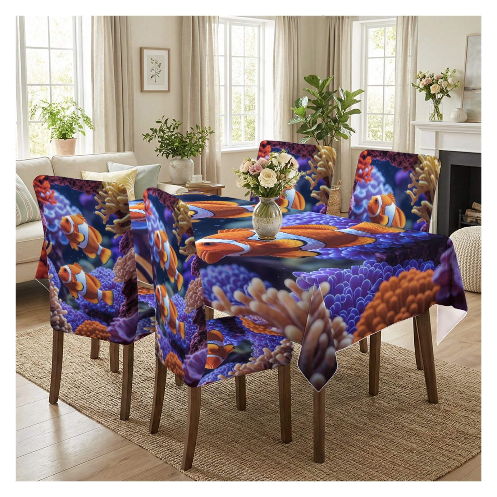 BOSUYBN Clownfish Coral Reef Dining Chair Covers & Tablecloth Set, 5/7 Piece Vibrant Underwater Ocean Slipcovers For Nautical Tropical Home Decor Table Setting(5pcs Set: Tablecloth+Chair Covers)