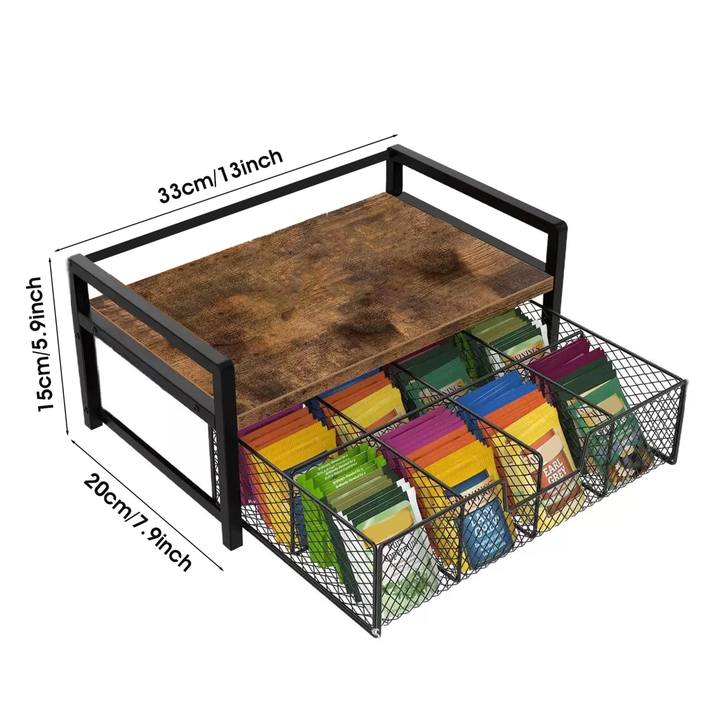 Kaffeestation-Organizer, 2-stöckige Teebeutel-Aufbewahrung mit ausziehbarer Schublade, Küchenarbeitsplatte für Pads und Teebeutel – Tigerholz und Schwarz, Kaffeestation-Organizer