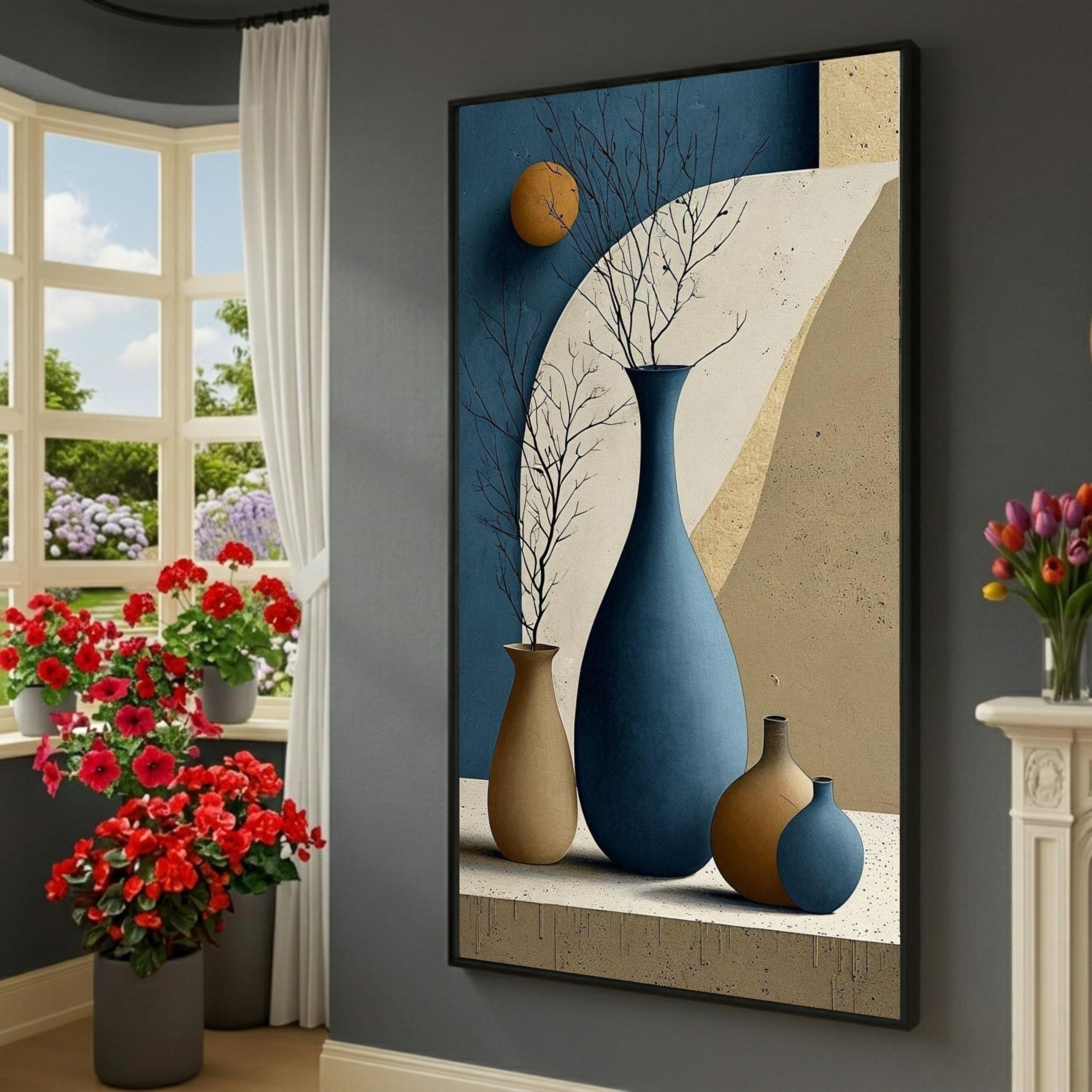 Minimalist Vases Canvas Print, Abstract Botanical Art Pictures, Neutral Toned Wall Art, Contemporary Home Decor Painting(60x105cm/Internal Frame)