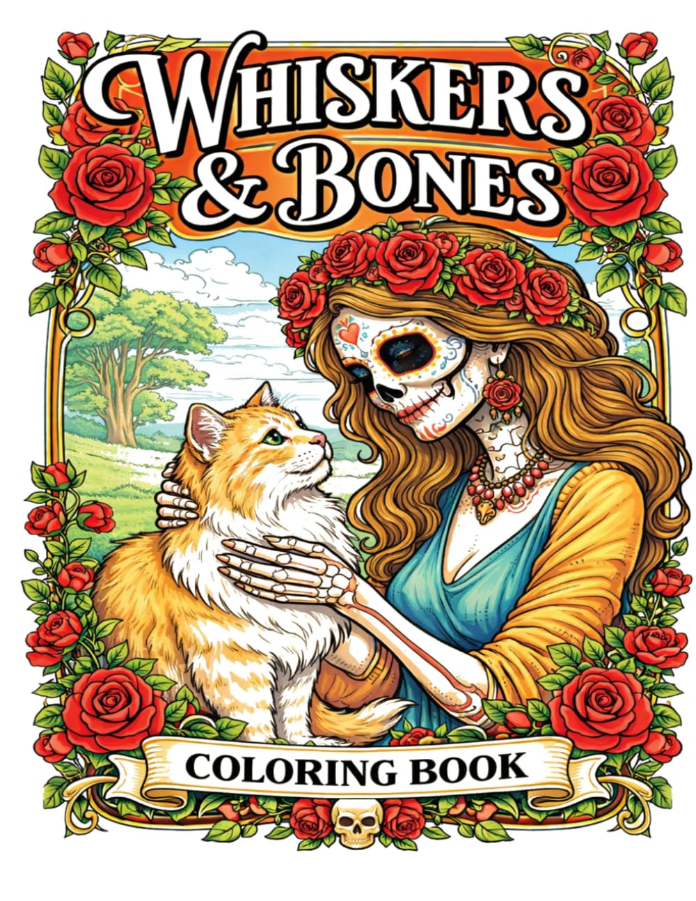 Whiskers and Bones: Relaxing Cat & Skeleton Coloring Pages Featuring Sugar Skulls, Gothic Frames, and Intricate Designs