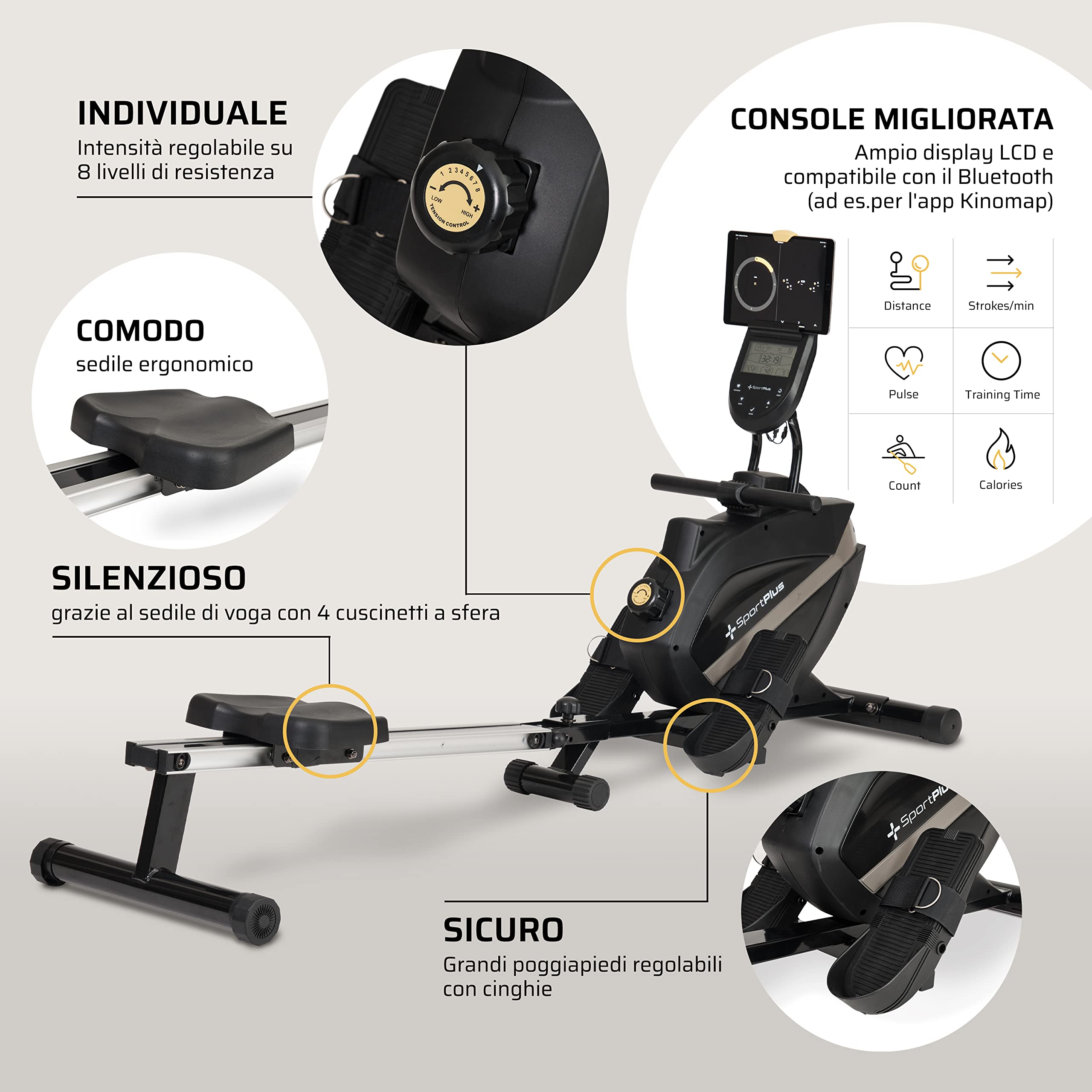 AeroMaze Roeitoestel voor thuis, magnetisch, 16 standen, stil thuisroeitoestel voor cardio-training, app-connectie, 160 kg belastbaarheid, verticaal opbergbaar (groen