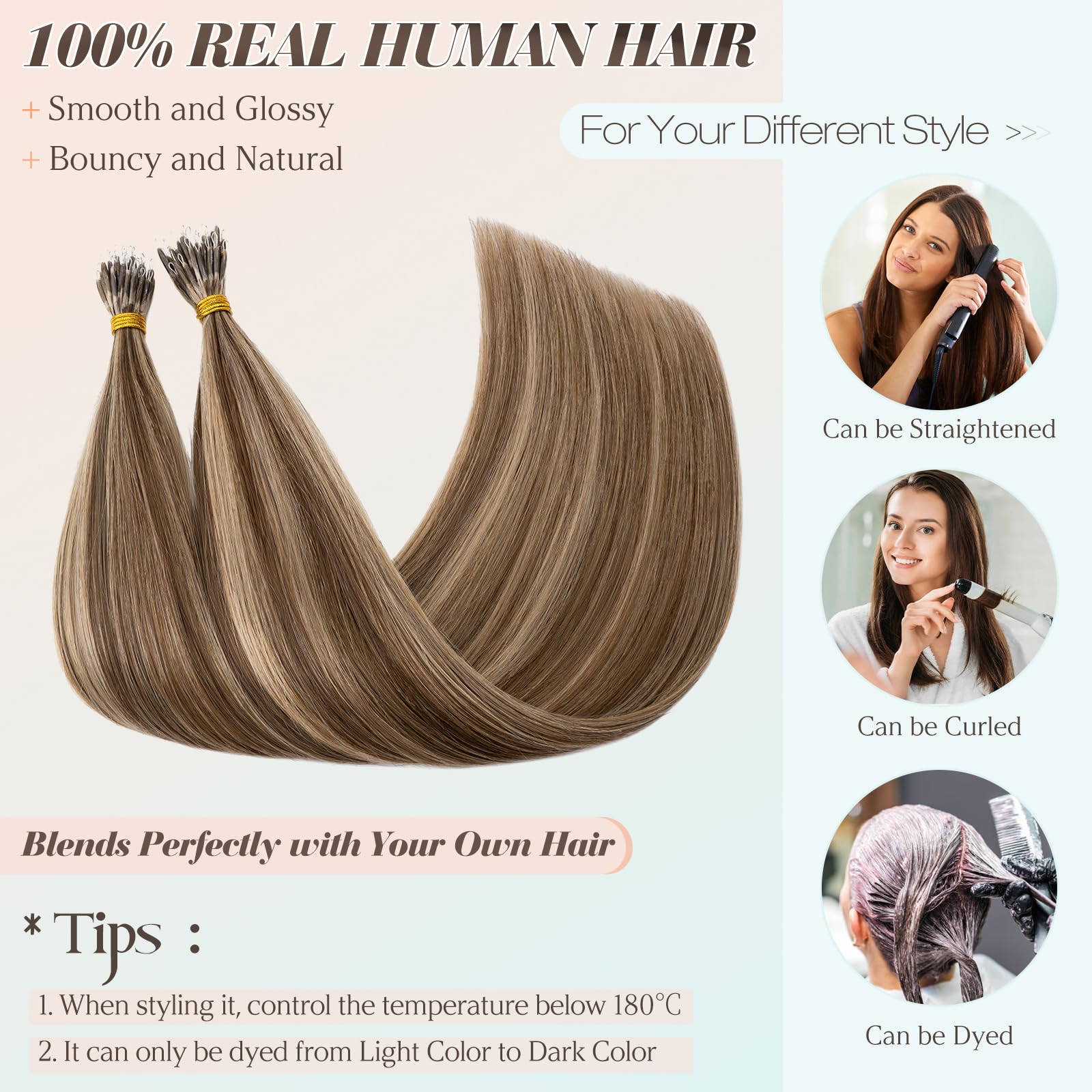 Benehair Nano Tip Hair Extensions Real Human Hair Invisible Straight Nano Rings Hair Extensions Silky #4/27 Medium Brown Mix Dark Blonde 16 Inches (35g) - Image 4