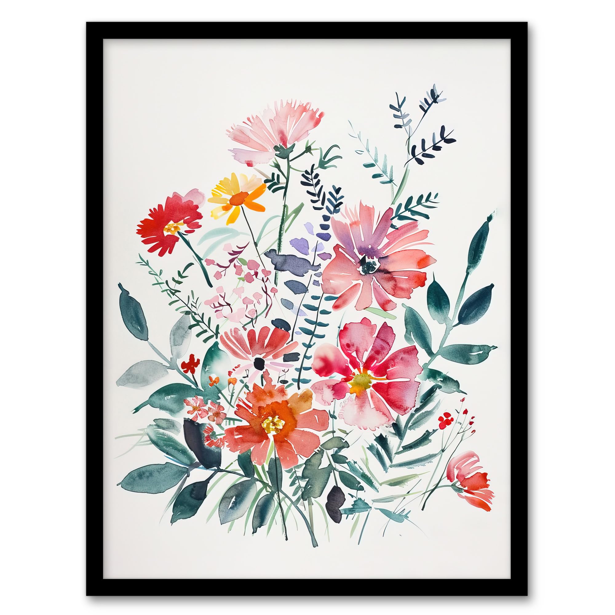 Artery8 Boho Spring Flower Bouquet Pastel Watercolour Living Room Artwork Framed Wall Art Print 18X24 Inch