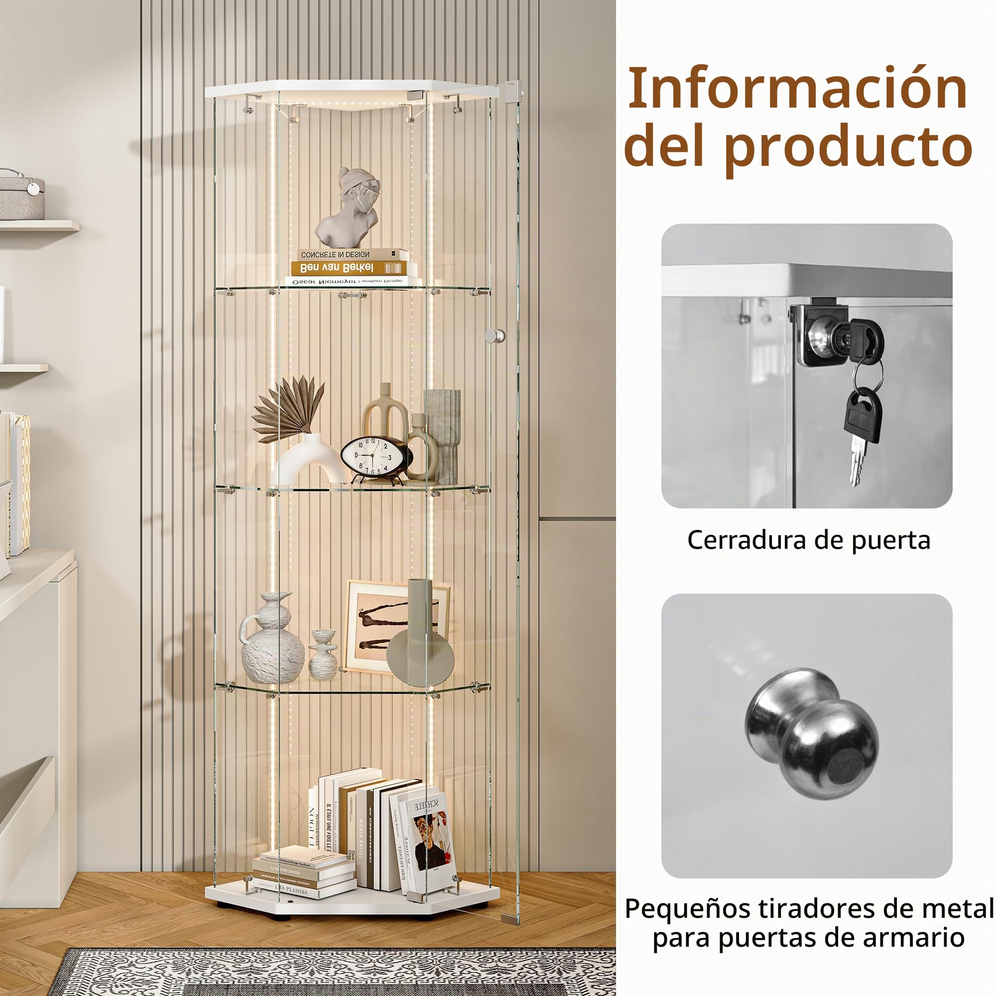 Escaparate de cristal con iluminación LED, armario de colección moderno de cristal de 4 capas, 1 puerta, con puerta y cerradura de armario, almacenamiento (blanco 5 lados A, 1 puerta, 4")