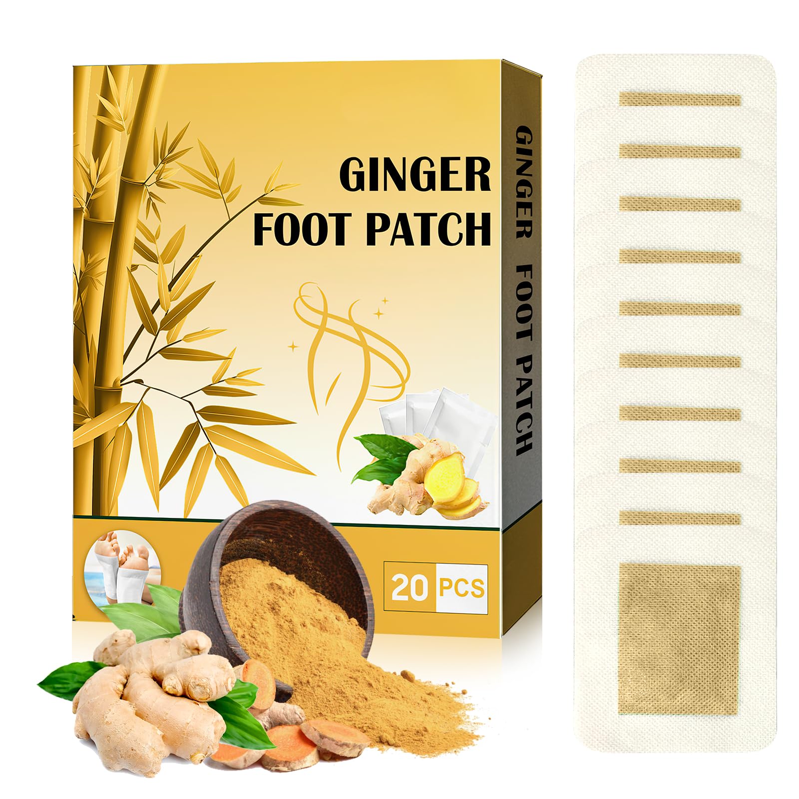 Foot Pads | 20PCS Ginger Deep Cleansing Foot Pads for Better Sleep and Stress Relief | Bamboo Patches with Natural Bamboo Vinegar and Ginger Powder Premium Ingredients for Foot and Body Care
