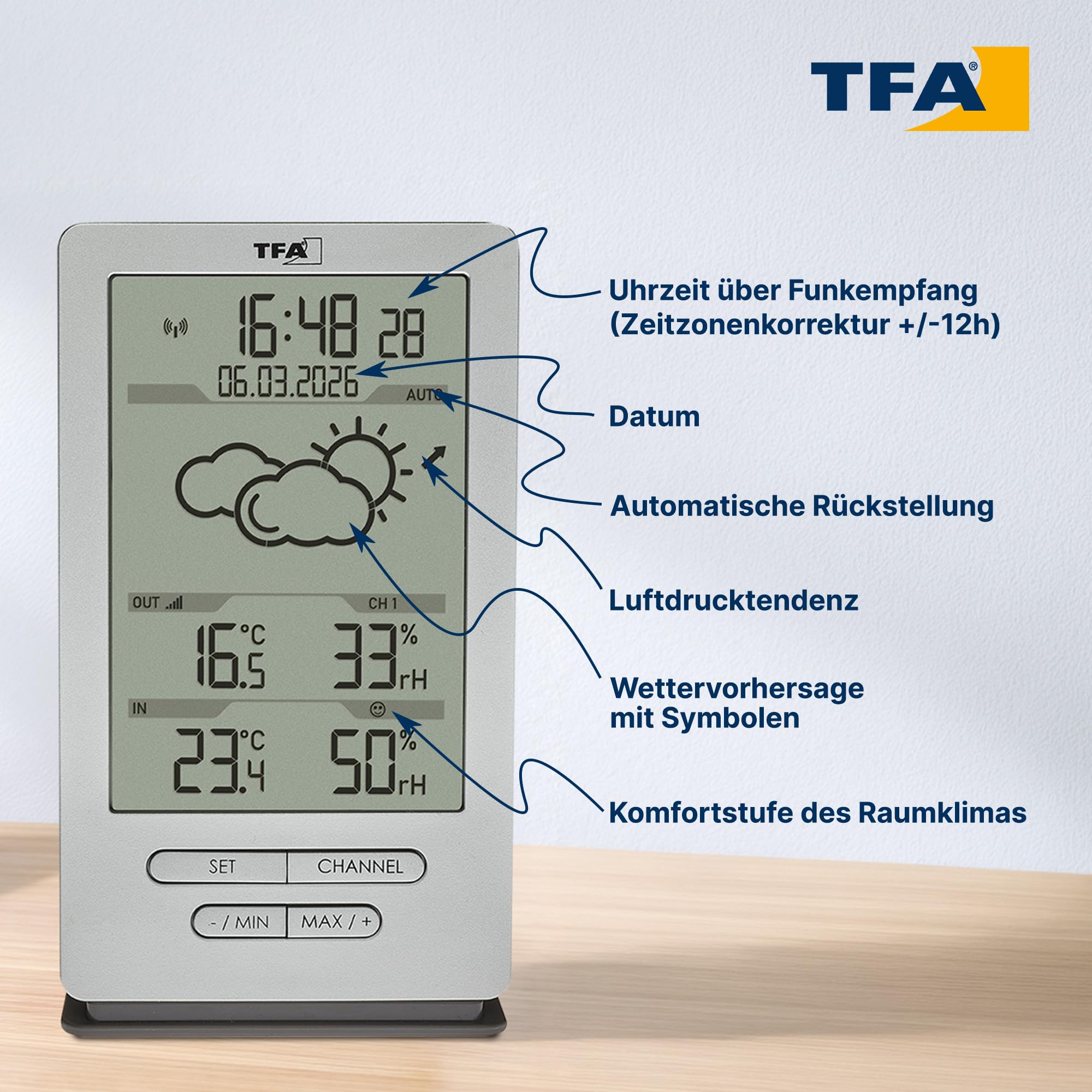 TFA Dostmann Funk Wetterstation Xena, 35.1162.54, mit Außensensor, Innen und Außentemperatur messen, mit Wettervorhersage, inkl Funkuhr, Luftfeuchtigkeit, batteriebetrieben, silber