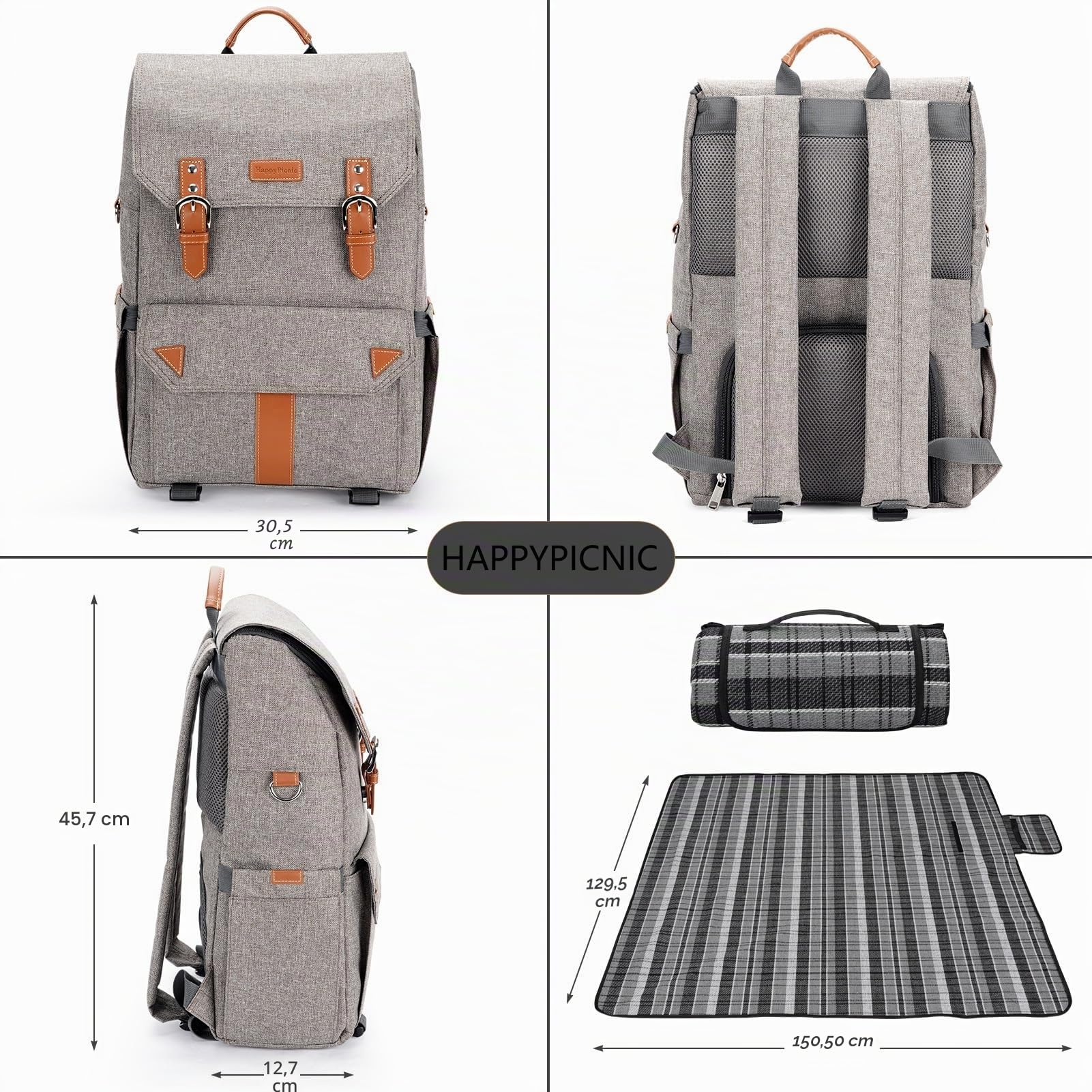 HappyPicnic Sac à dos de pique-nique isolé avec compartiment réfrigérant spacieux, porte-bouteilles et grand tapis de pique-nique imperméable (M avec set de vaisselle complet)