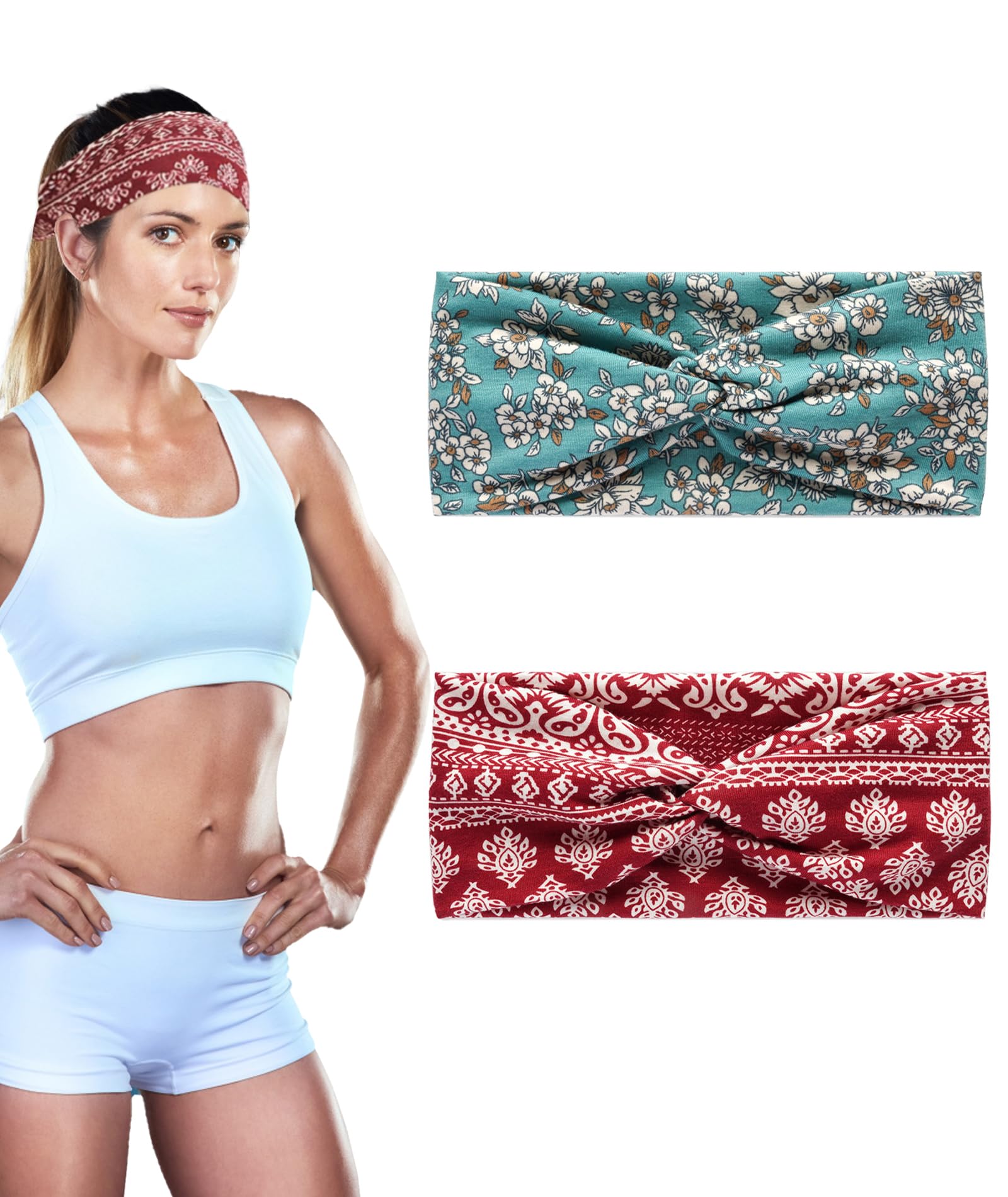 Headband, 2 Pack Non-Slip Sports Headbands for Women and Men, Quick-Drying Cotton Scarf for Running, Yoga, and Fitness