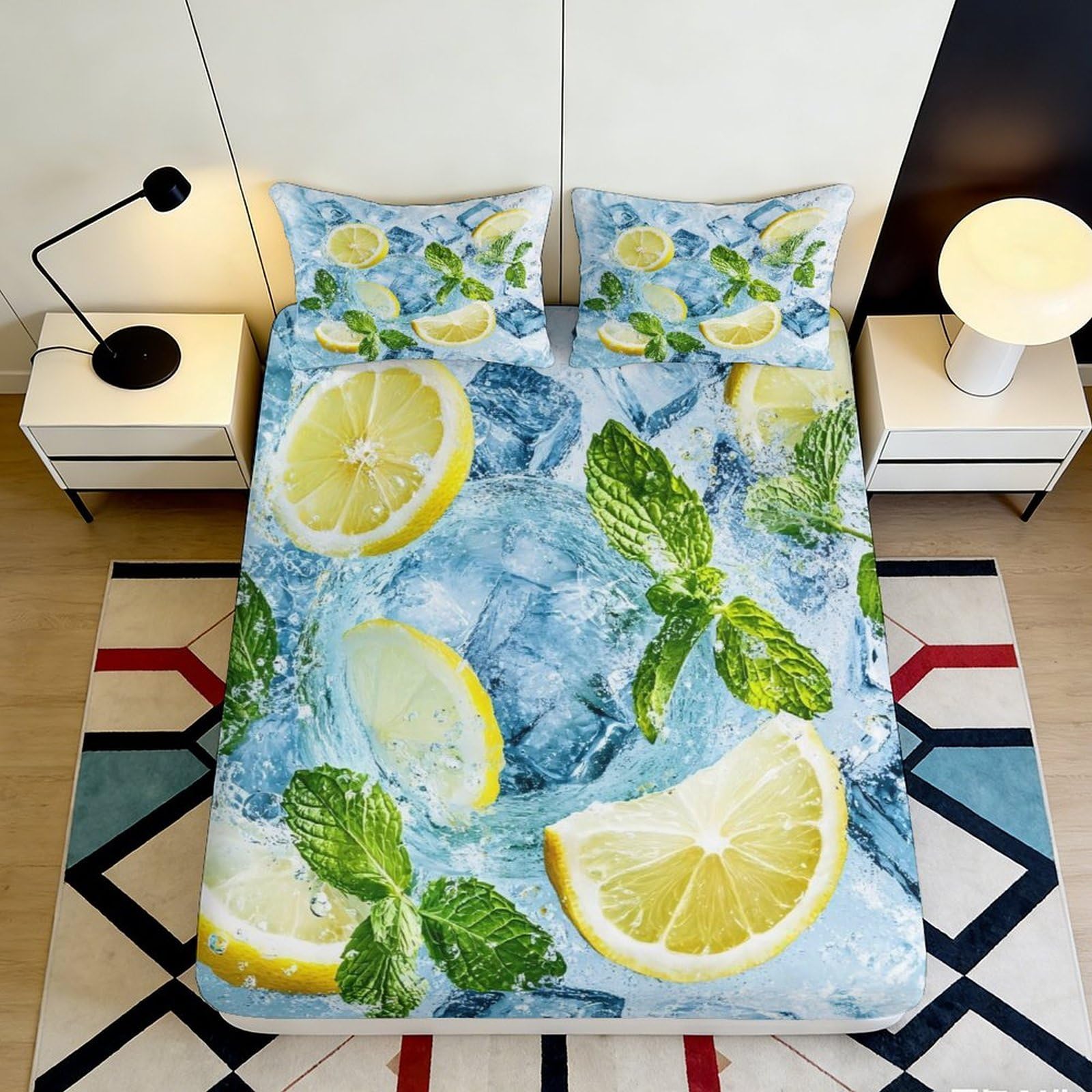 3D Printed Lemon Mint Fitted Sheet Microfiber Deep Pocket Non-Slip Bedroom Bedding Lemon Mattress Fitted Cover Washable 90x200x25cm