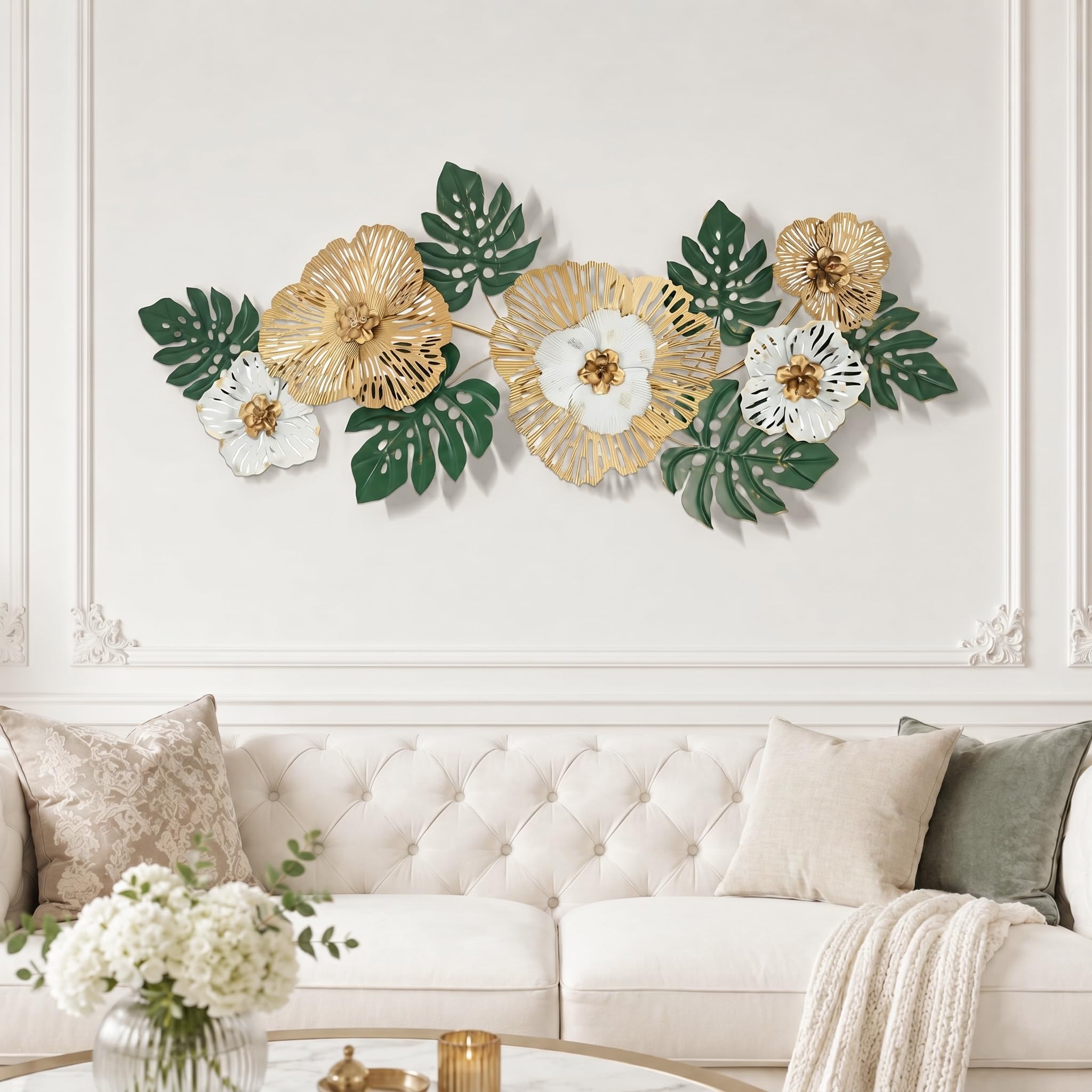 Generico Decorazione da Parete in Metallo,Tropicale,Verde e Oro,138x57 cm