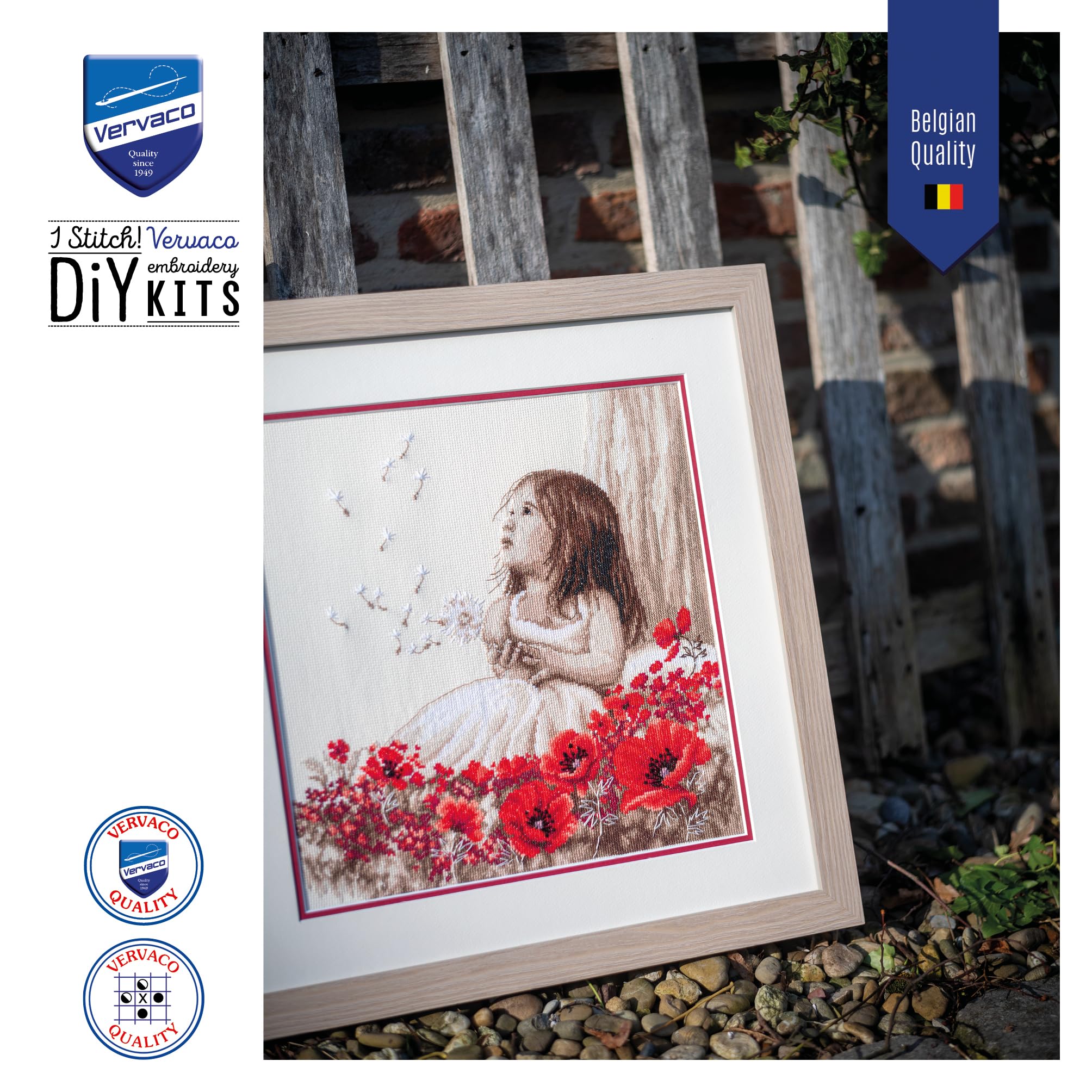 Vervaco Point De Croix Compté Kit Tableau Complet Set FILLE DANS UN CHAMP DE PAVOT De Broderie Loisir Créatif Maison Decoration Cadeau DIY ca. 33 x 34 cm Counted Cross Stitch Embroidery