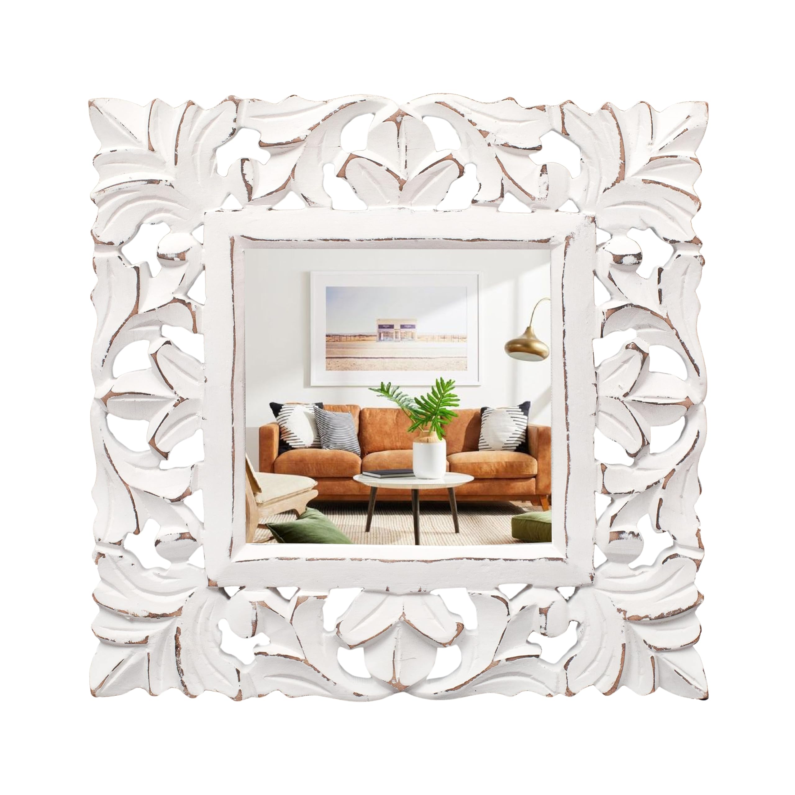 The Wooden Town 10" White Square Wood Framed Wall Mirror - Farmhouse Decorative Mirror for Living Room, Bedroom, Bathroom, Vanity - Hanging Mirror for