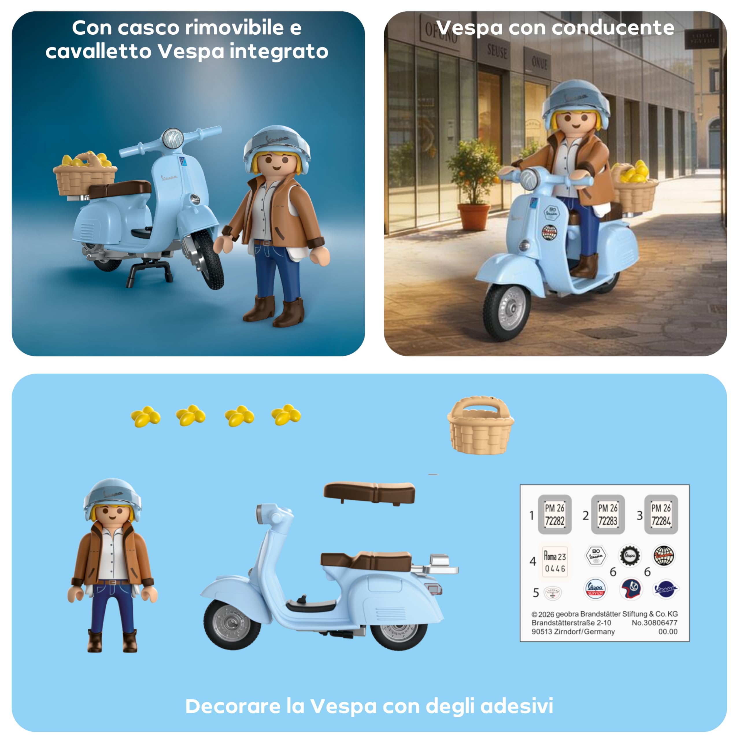 PLAYMOBIL | Veicoli | 80 anni di Vespa: stile iconico | Vespa anniversario azzurro chiaro con personaggio alla moda, cestino e foglio di adesivi | Giocattolo per bambini dai 5 anni in su | 72284