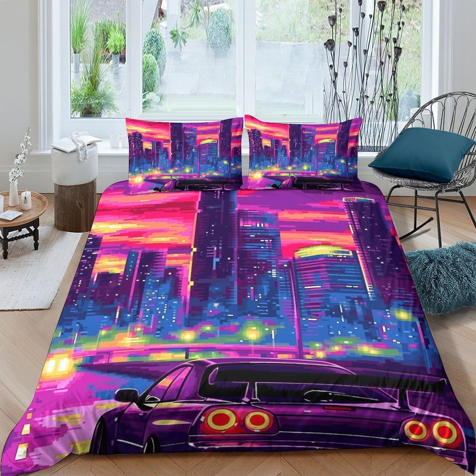 Ctjqhvkz Style-9 3D Printed Neon Cityscape Fitted Sheet Microfiber Soft Purple Car Night Skyline Mattress Cover For Bedroom Dorm Decor Single（135X200cm）