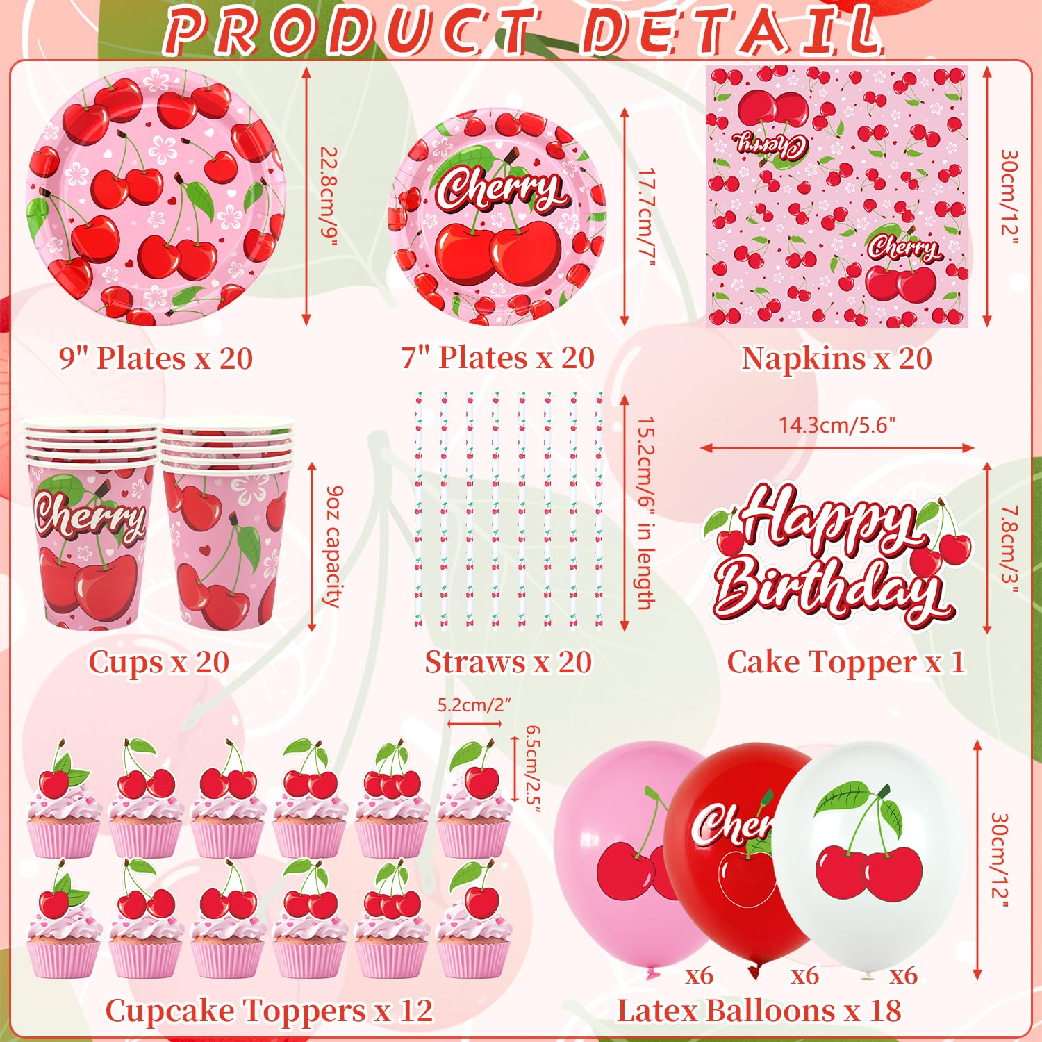 Decorazioni per feste di compleanno di ciliegia, accessori per feste di ciliegia, tra cui striscioni, piatti, topper per torte, tazze, tovaglioli, palloncini, tovaglia, 20 (LQ)