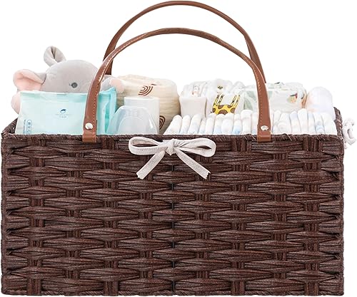 HBlife Organizador de pañales grande, lavable e impermeable, cesta tejida de mimbre portátil con divisor, estación de pañales para guardería, cesta