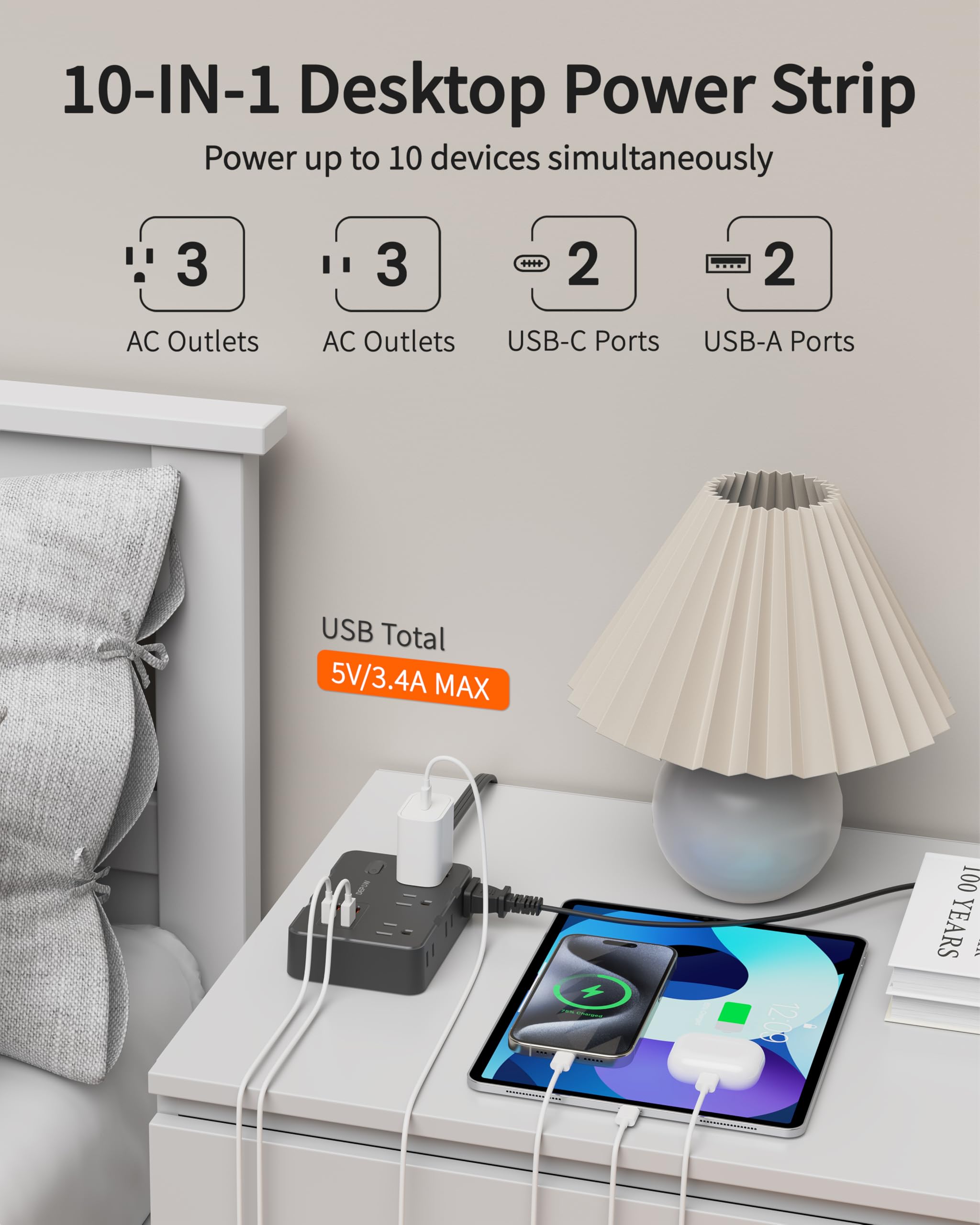 DEPOW - Stromleiste mit 6 AC Steckdosen und 4 USB-A Ports, 45° abgewinkelte Steckdose Ladestation mit Netzschalter, 3 Fuß Verlängerungskabel für Kreuzfahrten, Schlafzimmer,