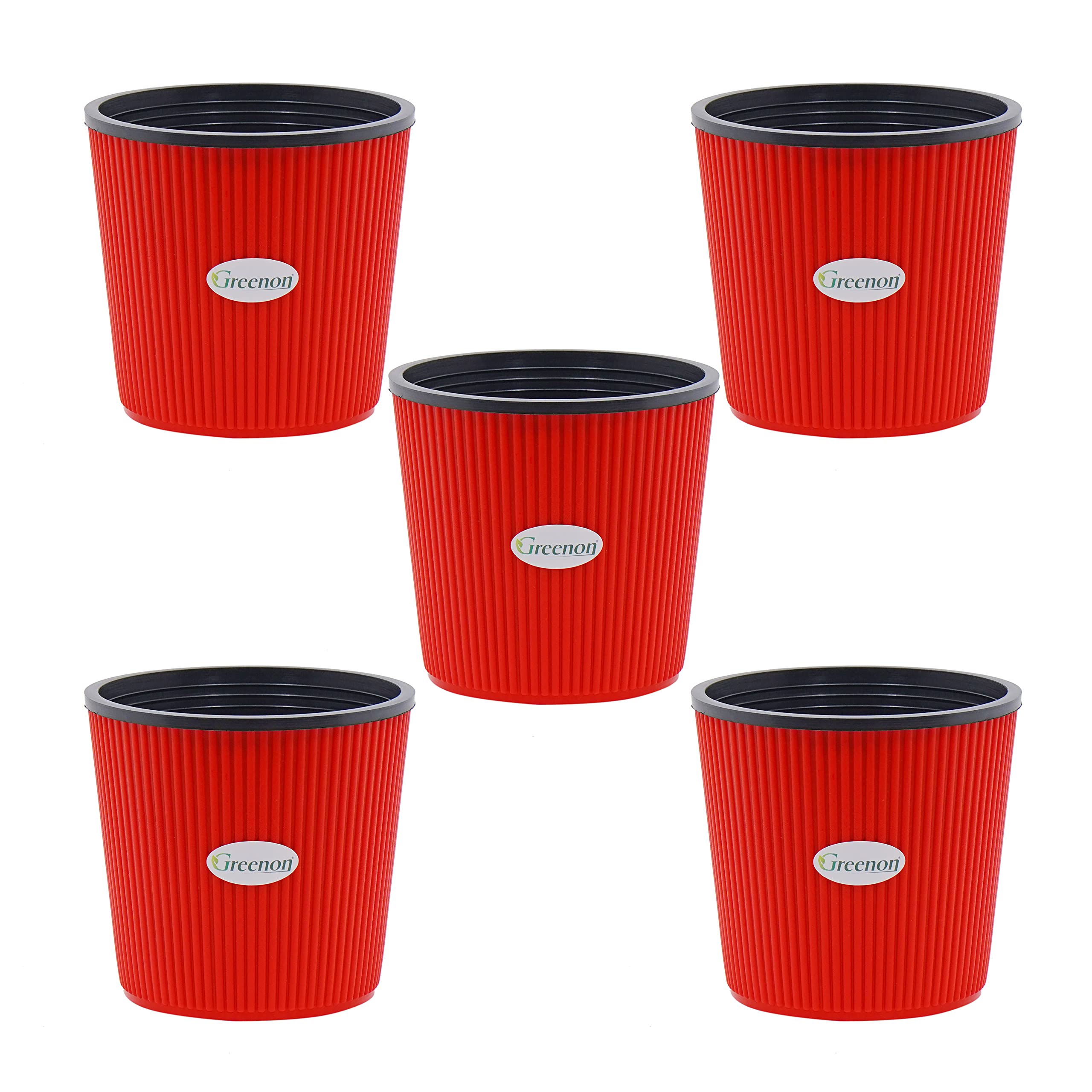 GREENON 5 Inch Small Plant Pot | Pack of 5 | Self Water | Red Outer and Black Inner | Best for Countertop and Tabletop, Balcony | Non-Fadable Planter | Virgin Plastic Gamla | RED 5