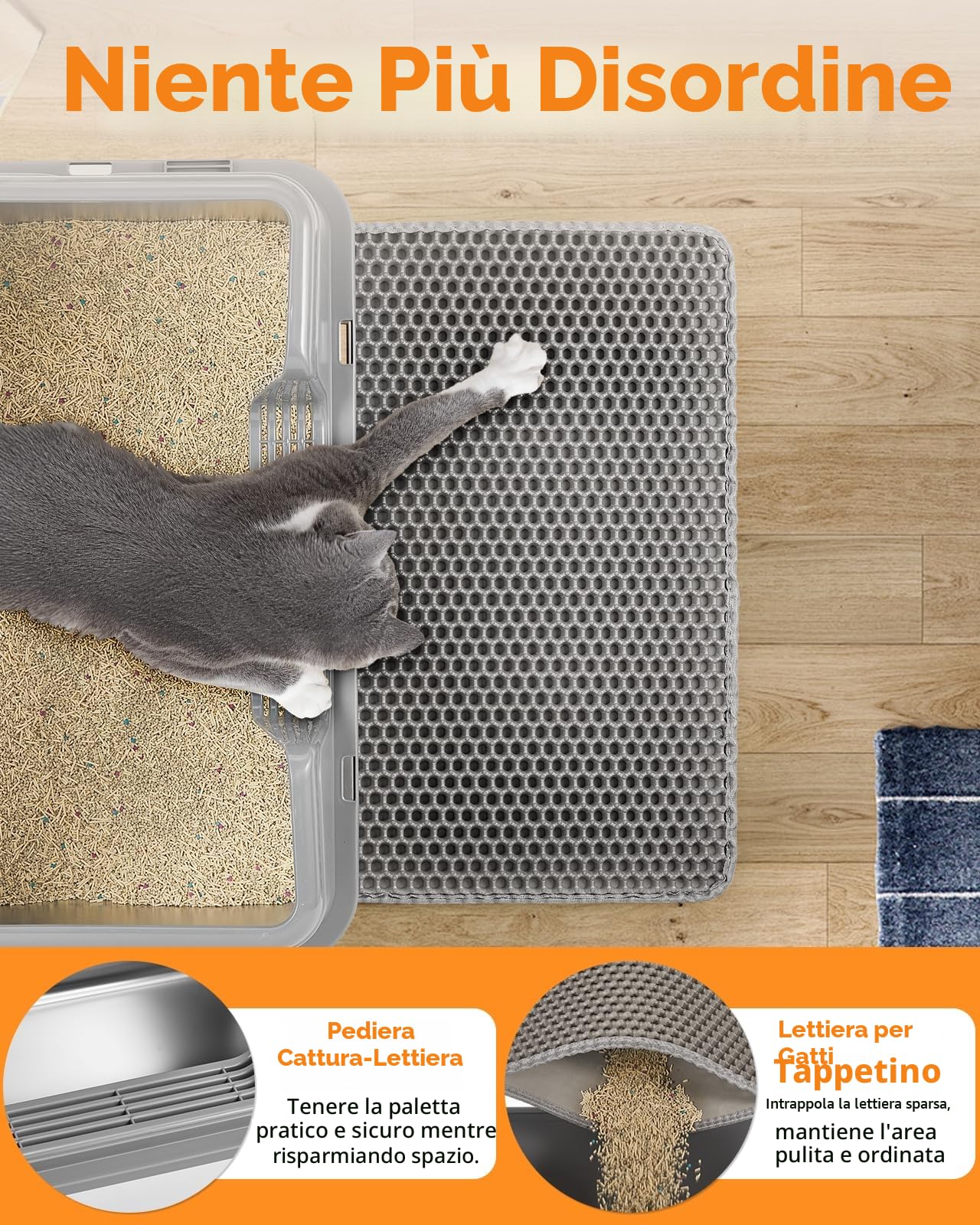 Papettly Lettiera Acciaio Inox - Lettiera in Acciaio per Gatti XXL con Lati Alti，60x40x31 cm Lettiere Gatto Acciaio Inox con Tappetino per Lettiere，Paletta，Spazzola，Facile da Pulire，Non Appiccicosa