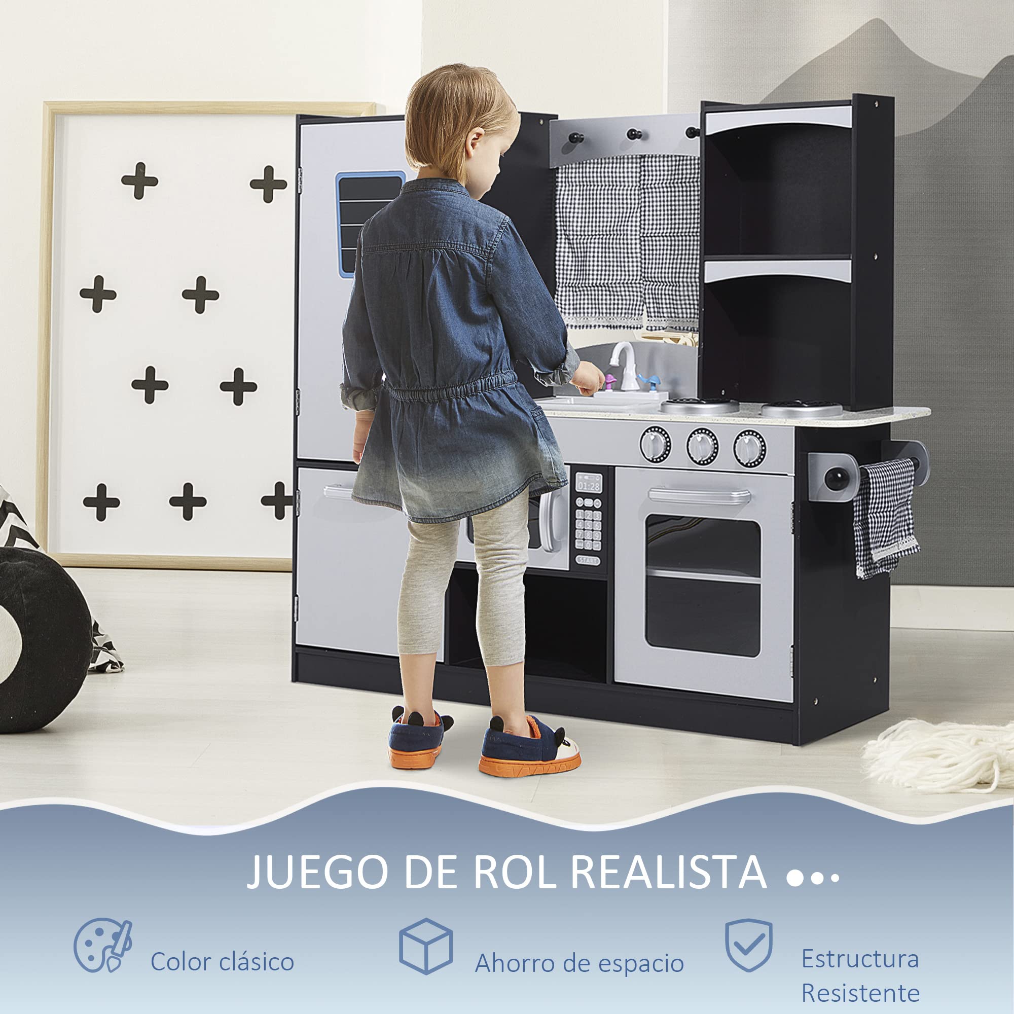 HOMCOM Conina de Juguete con Accesorios 105x31,5x95 cm Plata/Marrón Oscuro | Madera Grande, Niños +3 Años, Cocina Infantil Juguete, Encimera, Juego Imitación, Horno, Microondas, Fregadero