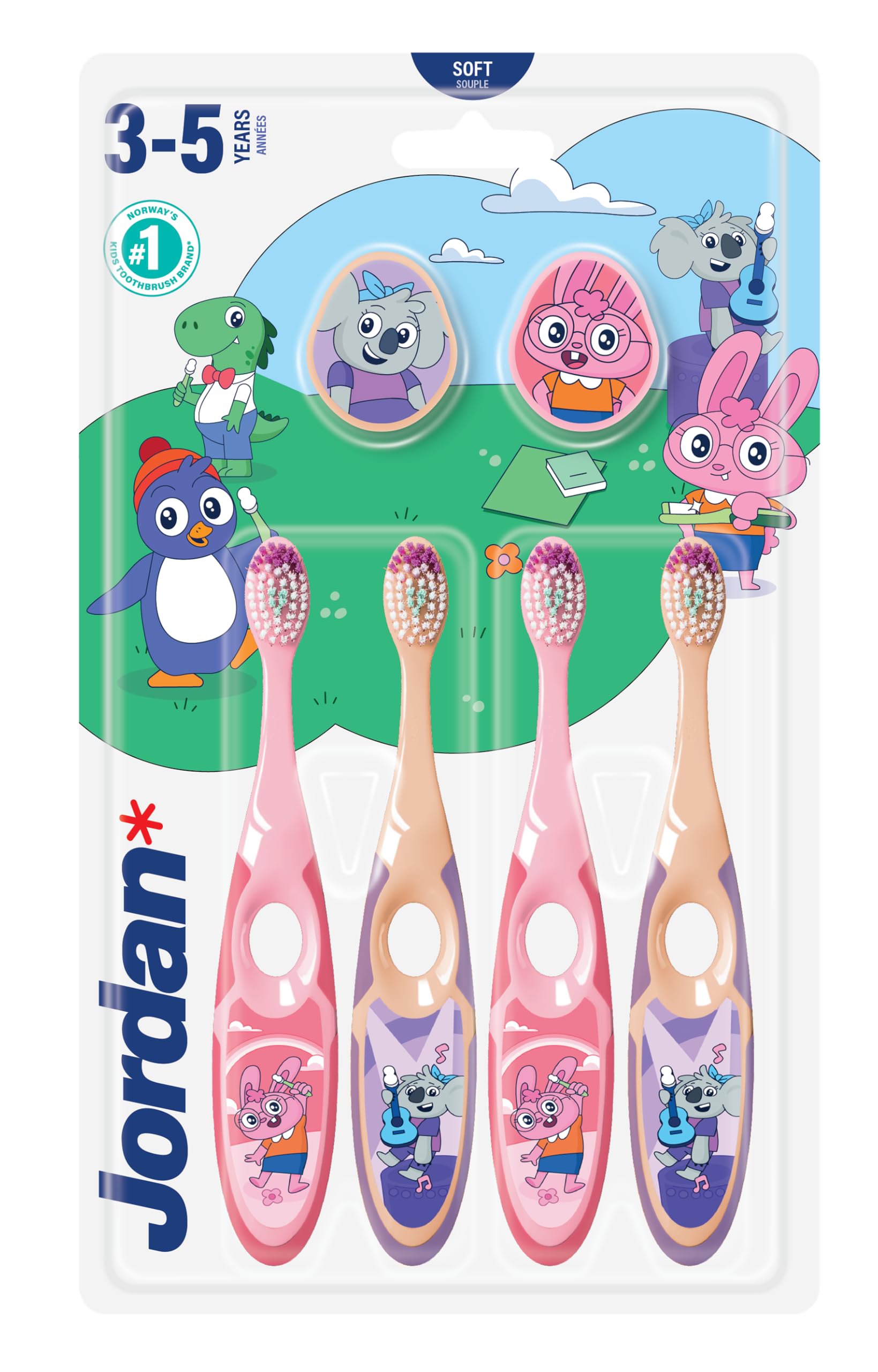 Jordan ® | Step 2 Zahnbürste Kinder | Kinder zahnbürste für 3-5 Jahre | Weiche Borsten, doppelter ergonomischer Griff & BPA-frei | Rosa und Gelbe Farbe | Pack 4 Einheiten