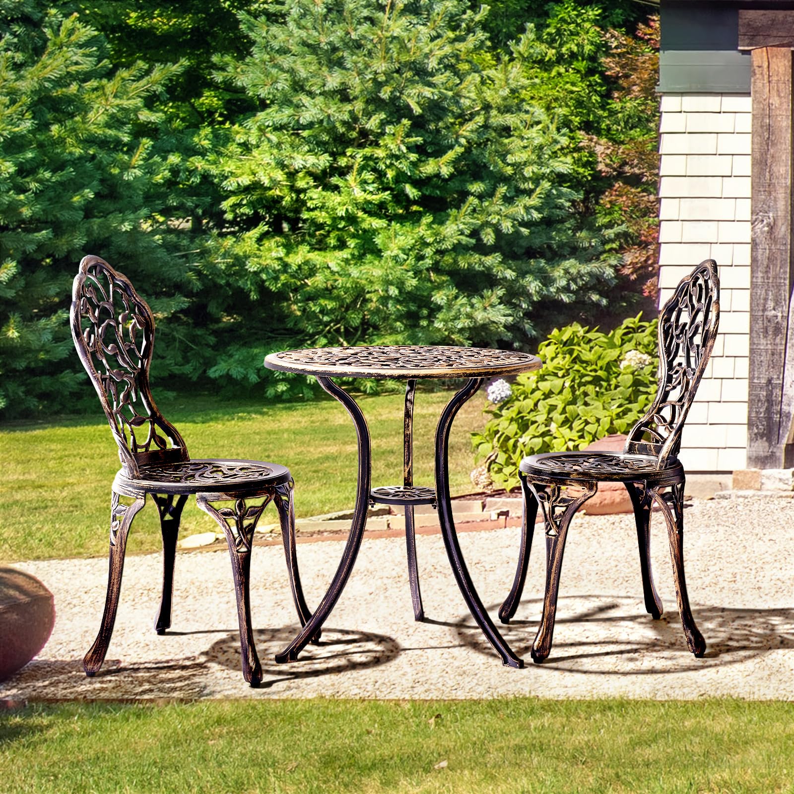 Yaheetech 3 Pieces Garden Furniture Set 2 Chairs & 1 Table Metal Bistro Set Seating Area Garden Set for 2 People, Weatherproof Furniture for Balcony/Terrace/Garden, Bronze