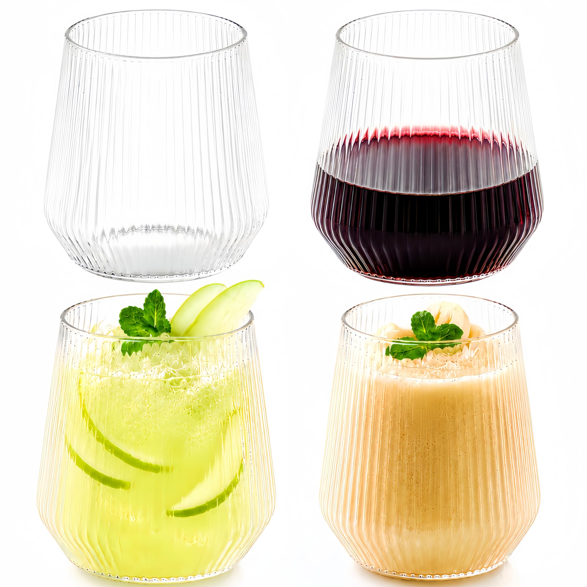 Plastic Wine Glasses 4 Pack - 420ml Ribbed Stemless Cups Reusable Tumblers