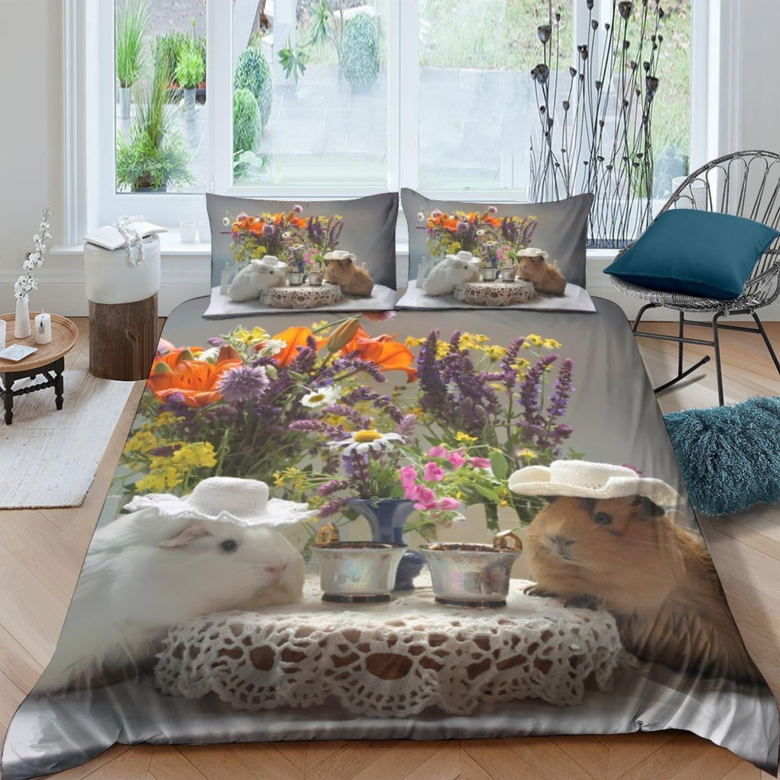 Ctjqhvkz Style-2 3D Printed Tea Party Guinea Pig Fitted Sheet Microfiber Soft Colourful Floral Mattress Cover For Bedroom Guest Room Decor Single（135X200cm）