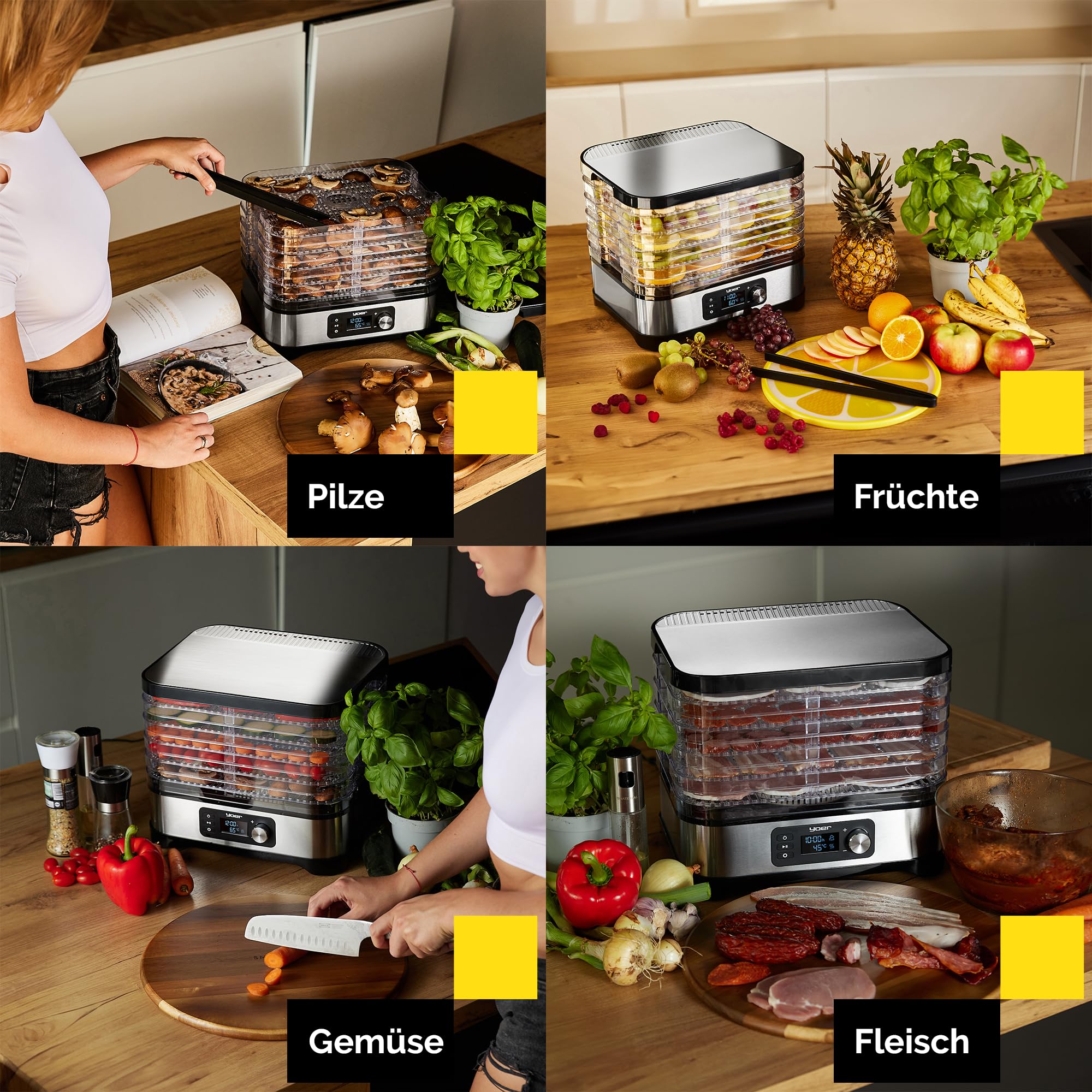 Yoer Dörrautomat Edelstahl, Dörrgerät mit 6 Einlegefächern, 35-70°C, 4725 cm2, 24h Timer, Dehydrator, 450W, Beef jerky, Obst, Kräutertrockner, Müsliriegel, LED-Anzeige, VitaSave FD01S