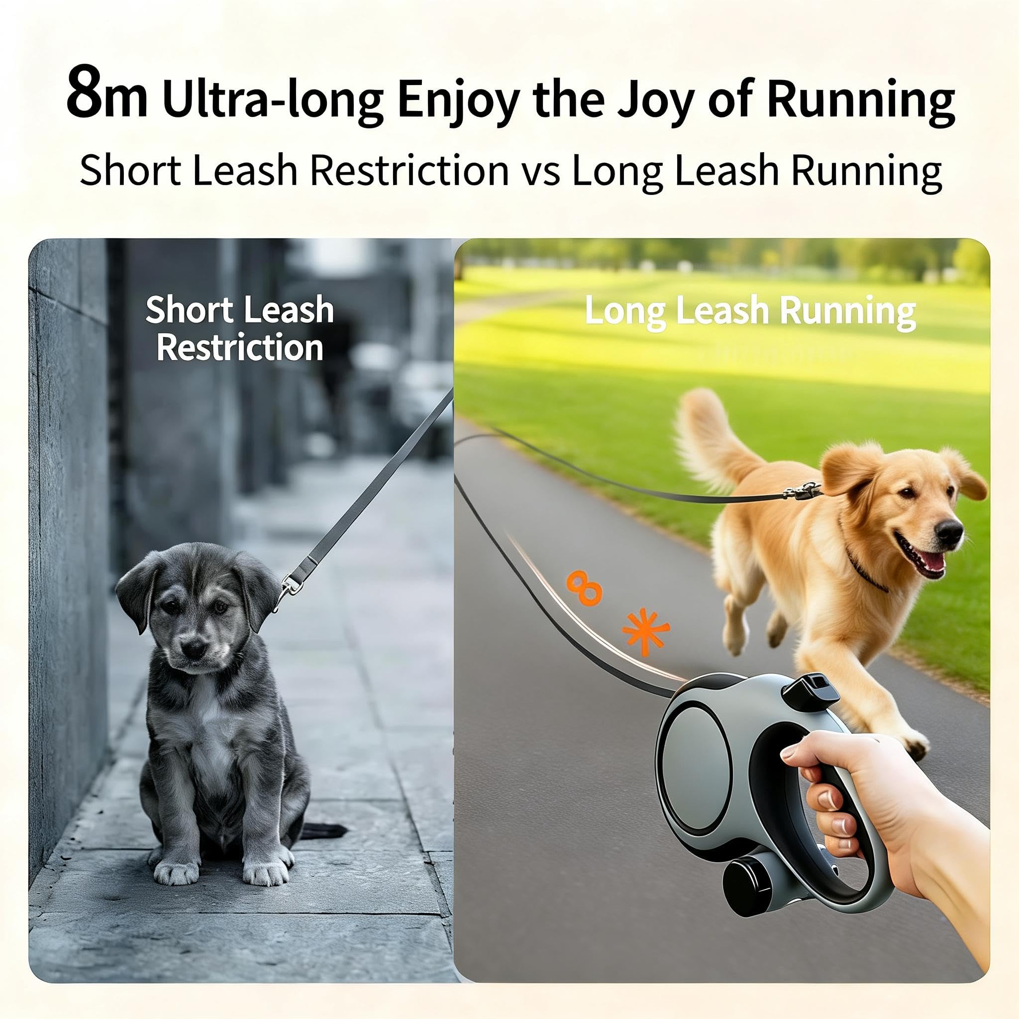Angel Living Correa Retráctil para Perros de 8 m, con Botón de Bloqueo y Bolsa para Recoger los Excrementos, Antitorsión de 360°, Muy Resistente (hasta 50 kg)