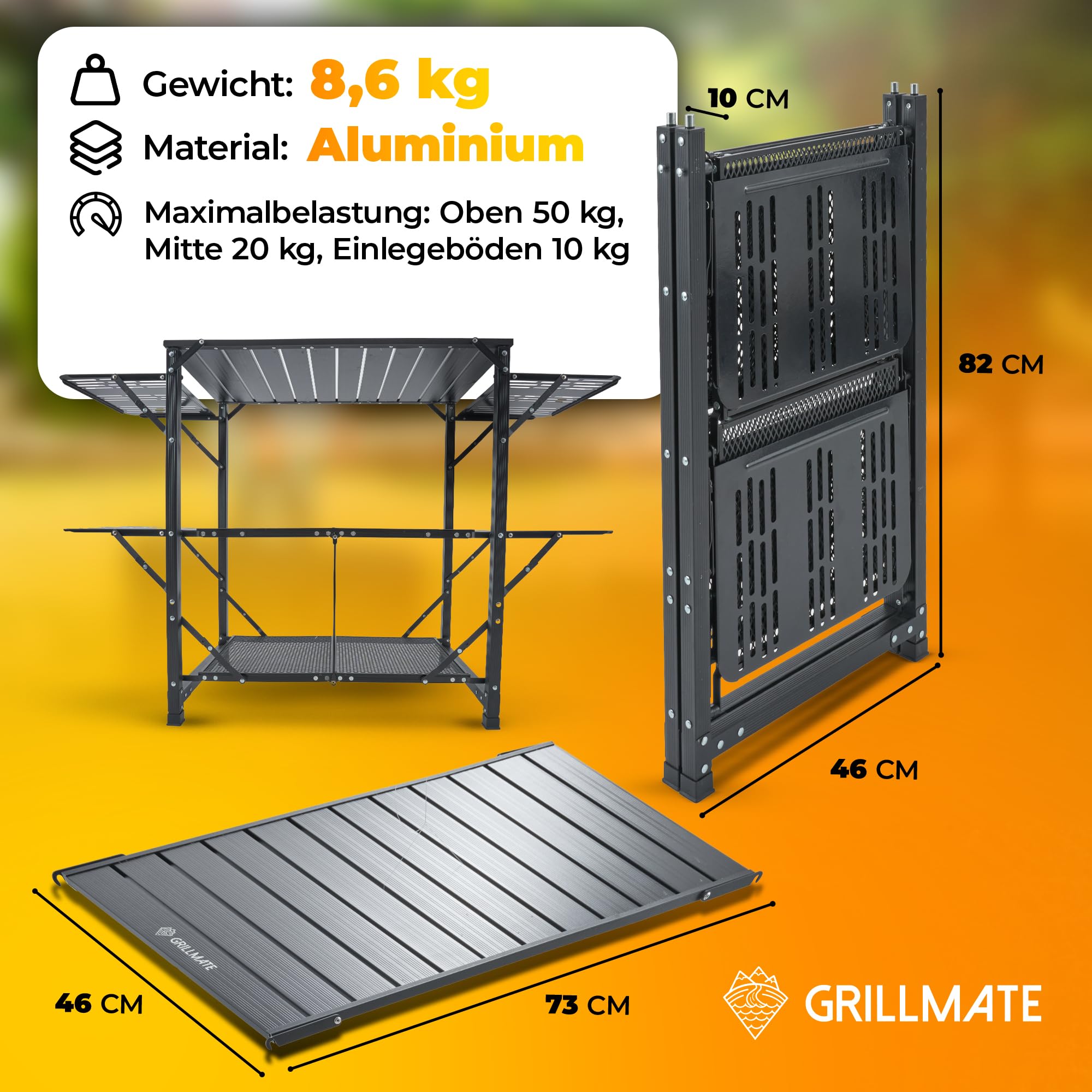 GRILLMATE Grilltisch Outdoor Wetterfest Klappbar | Grill Beistelltisch, Tisch für Grill, Balkon, Camping, Garten | Campingküche faltbar aus Aluminium Rostresistent [50kg Belastbar] inkl. Tragetasche