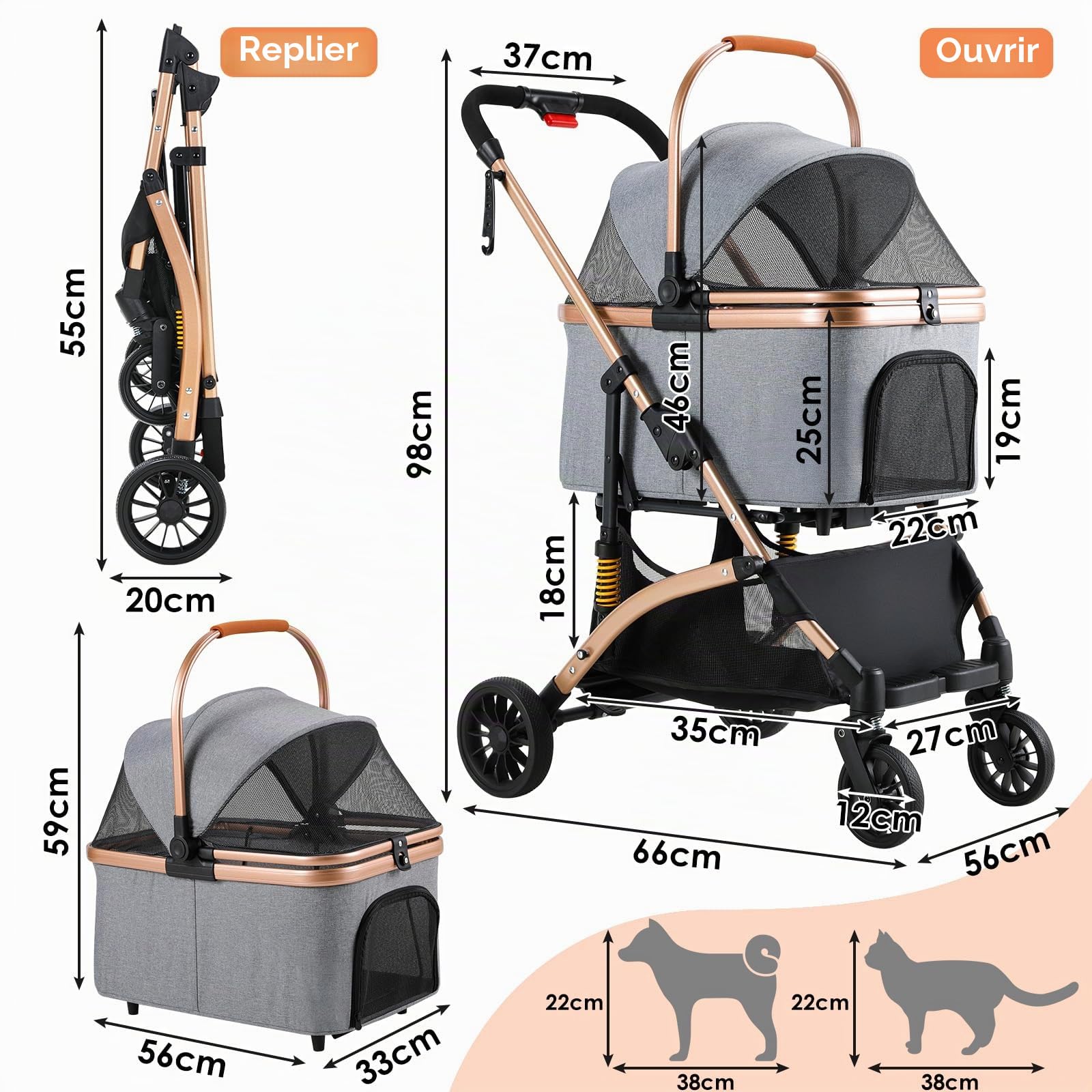 MAMIZO Poussette Chien 3-en-1, Poussette pour Chat Pliable, Panier de Rangement, Fenêtre en Filet, pour Petits Chiens et Chats, Jusqu'à 20 kg, 4 PCS Roues Résistant à l'Usure à 360°, Gris Foncé