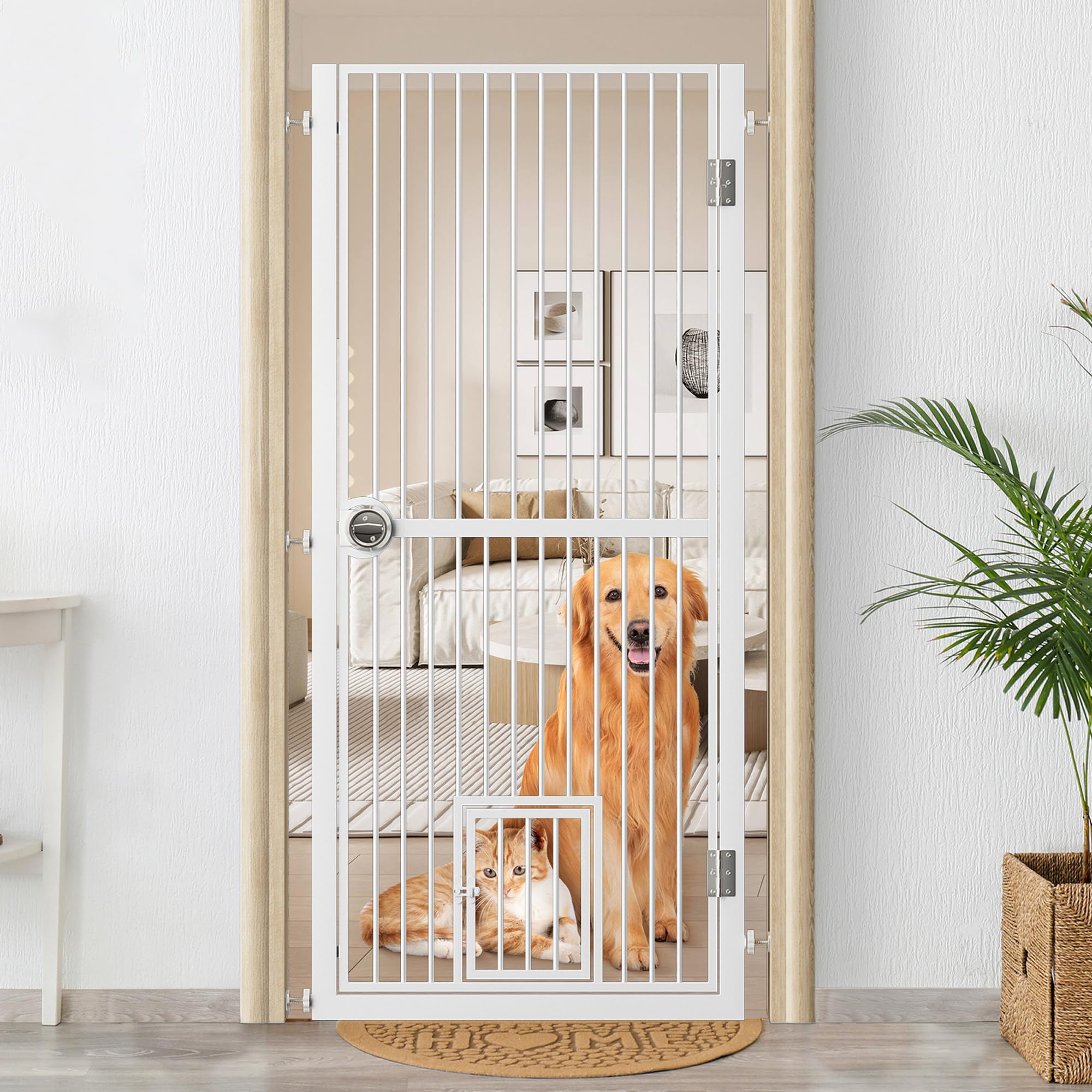 61" Extra Tall Cat Gate for Doorway, 30.2"-32.6" Adjustable Wide Dog Door with Cat Door, 1.37" Gap for Pet Gates, Suitable for Doorways or Kitchen, No Drilling Pressure Mount Kit, White