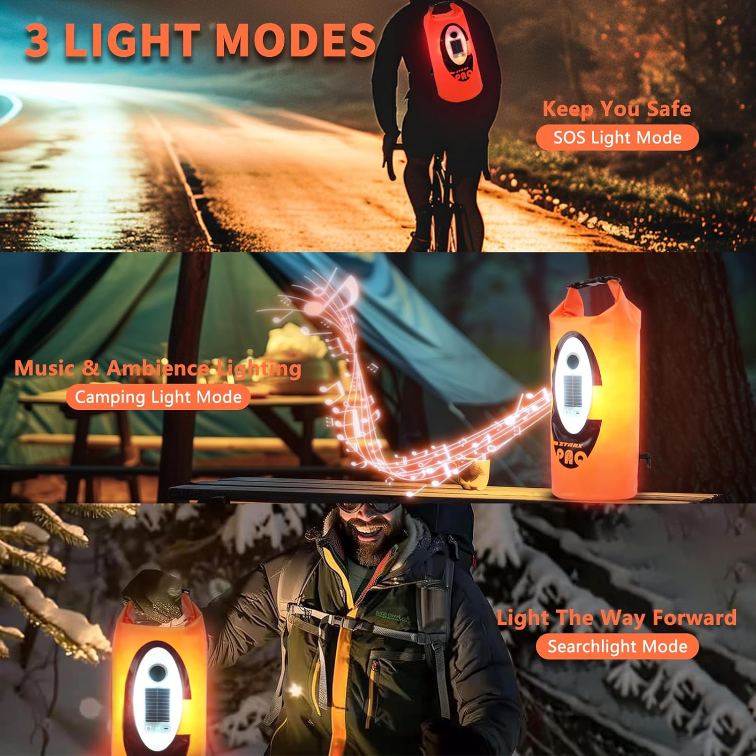 FELICON Solar/Battery Powered Multi-Functional Backpack with Bluetooth Speaker,IP66 Waterproof Dry Bag,Heavy Duty Roll Top Closure,Large Capacity Bag for Camping,Hiking,Traveling (Orange 20L)